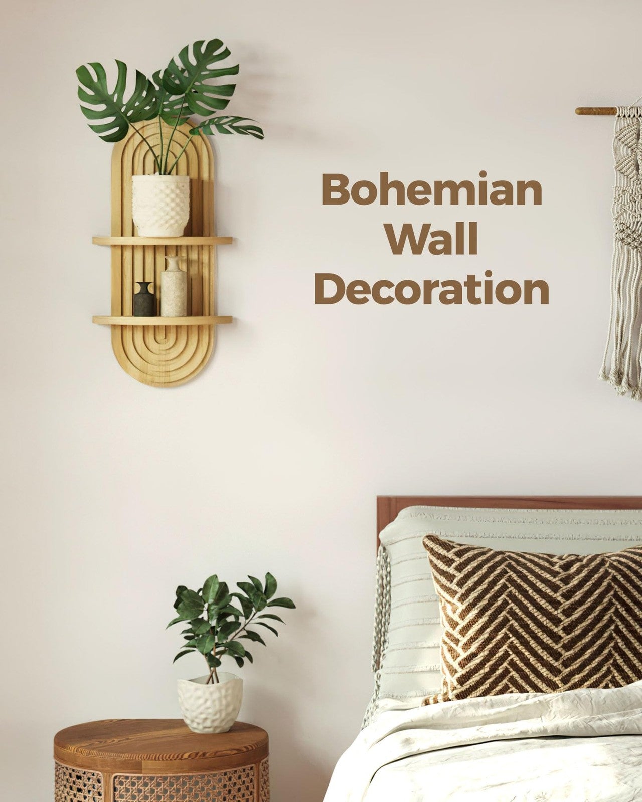 Bamworld boho wall decor with hanging plant shelf, mid-century modern design for stylish plant display on wall