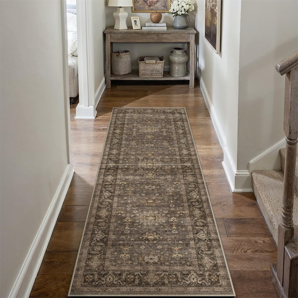 WondRg 2x12 washable vintage brown hallway and kitchen runner rug with non-slip backing, low pile, ideal for high-traffic areas.