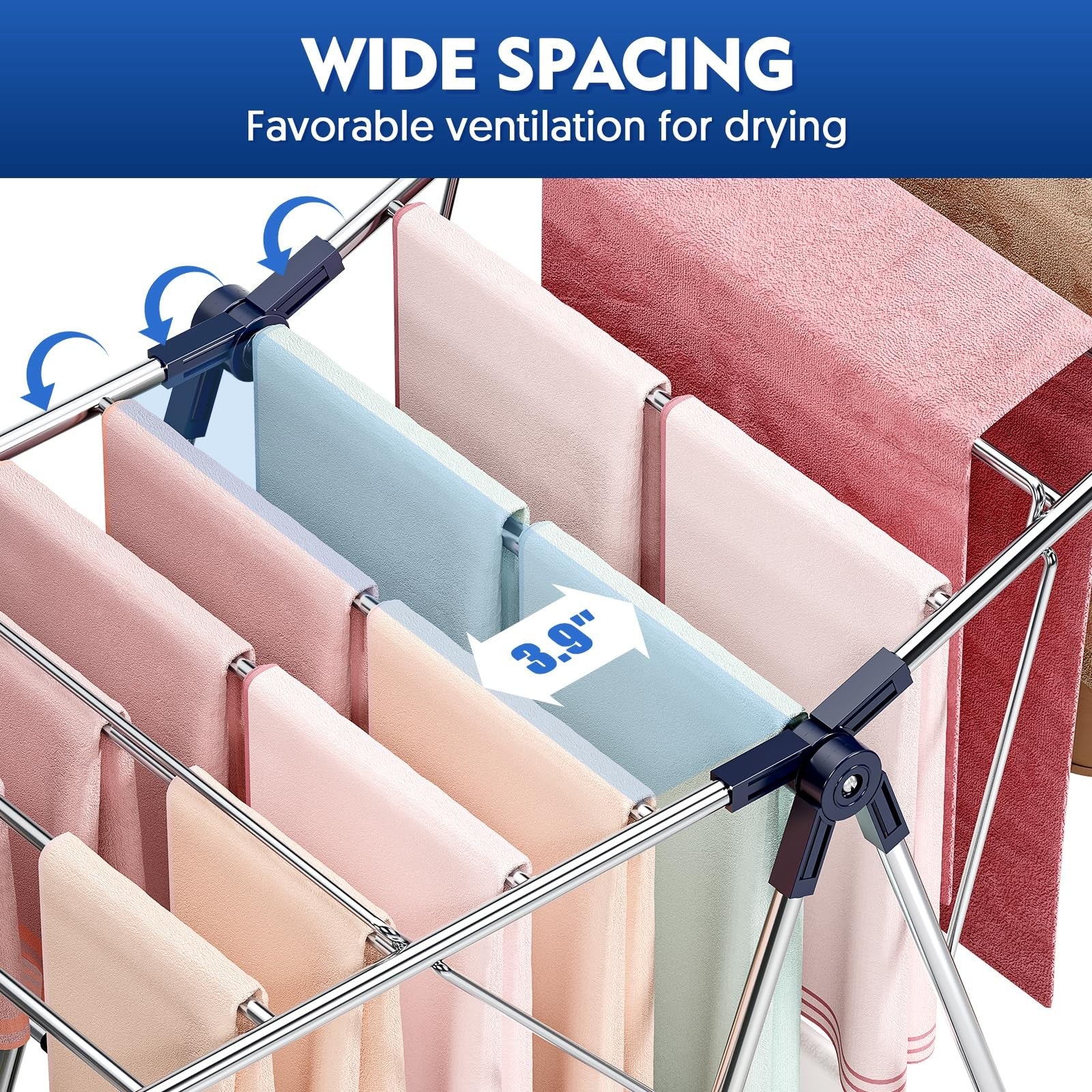 APEXCHASER stainless steel clothes drying rack with adjustable height, featuring multiple bars for drying shirts, pants, and towels.