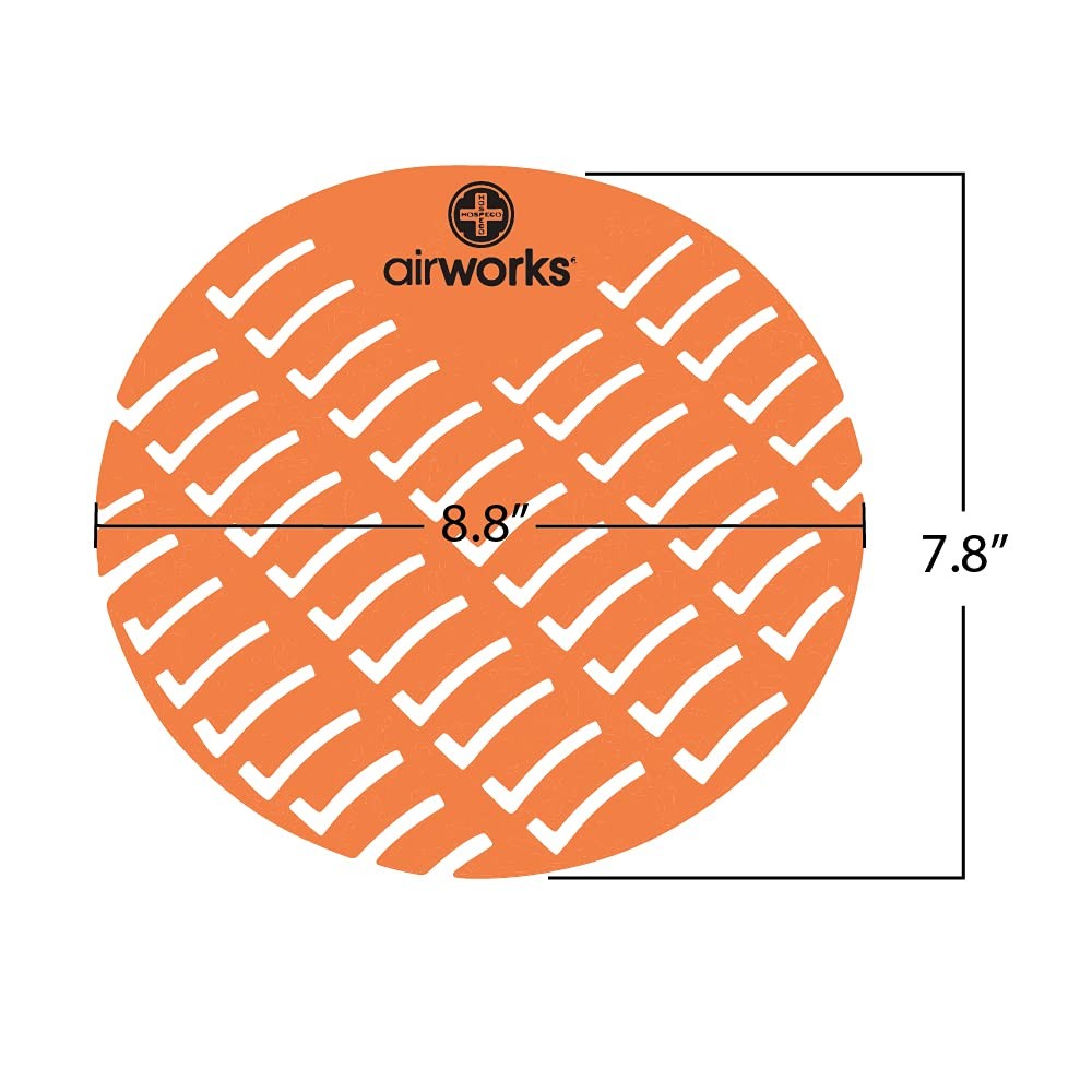 Set of 10 Hospeco Airworks CC-007 urinal deodorizer screens in mango orange scent, designed to fit urinals and control odors.
