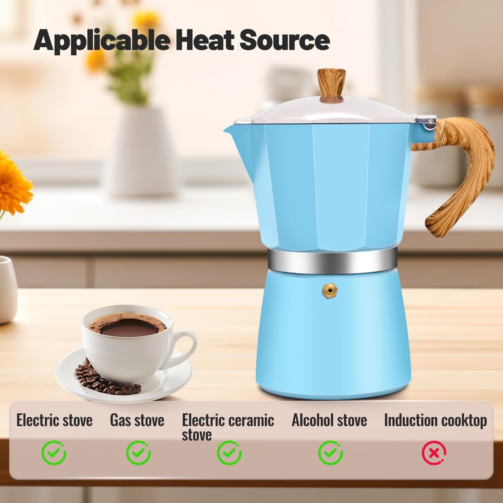 Vaolvpant 12-cup aluminum stovetop espresso coffee maker with 600ml capacity, classic moka pot design for rich coffee brewing.