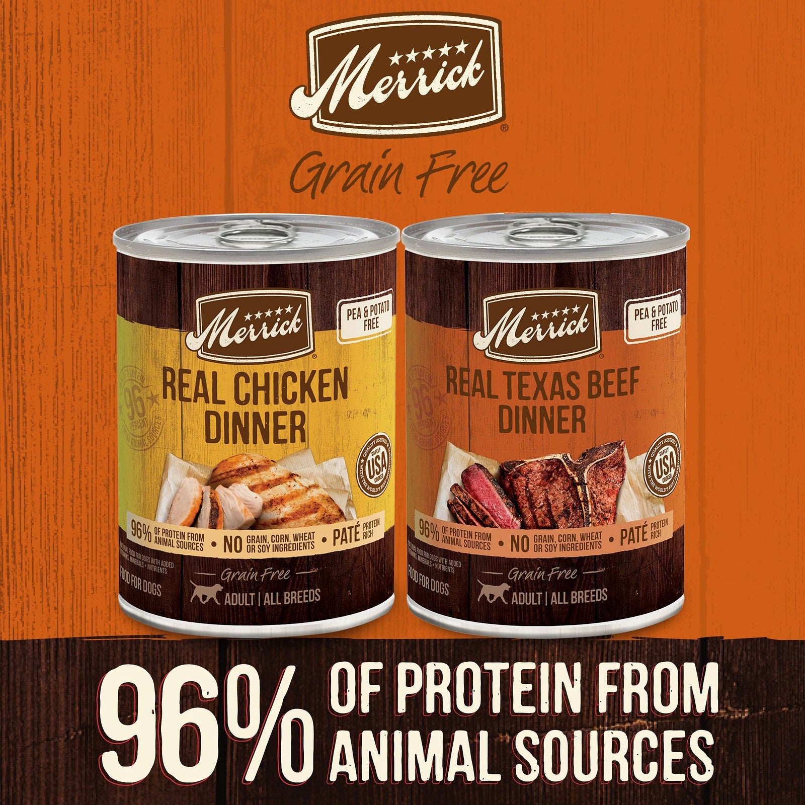 Merrick grain-free canned dog food variety pack with beef and chicken flavors in 9.5lb volume, featuring colorful cans and labels.