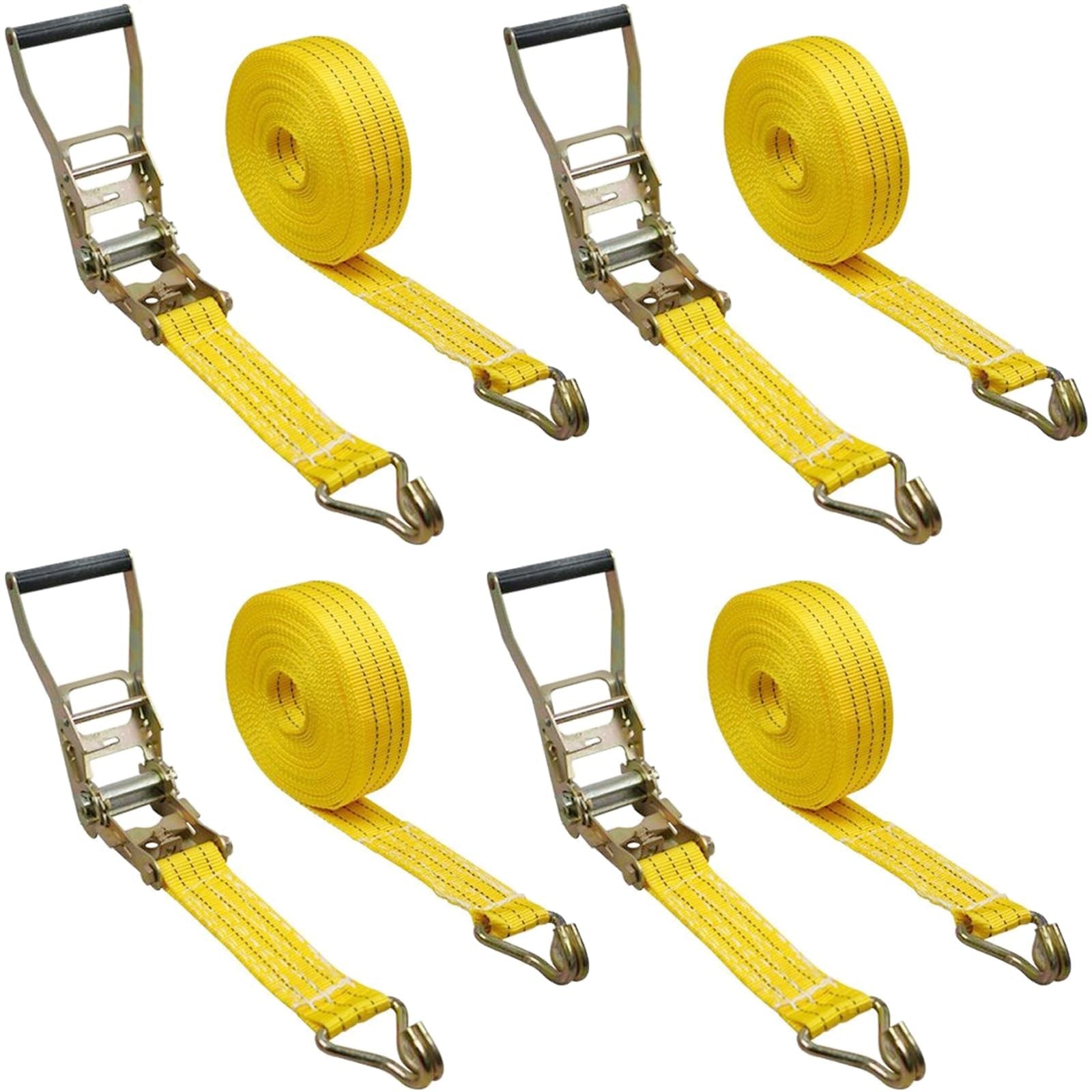 Heavy duty MNMAJE ratchet straps with 2-inch width and 8000 lbs break strength, shown securing cargo with metal ratchet mechanism.