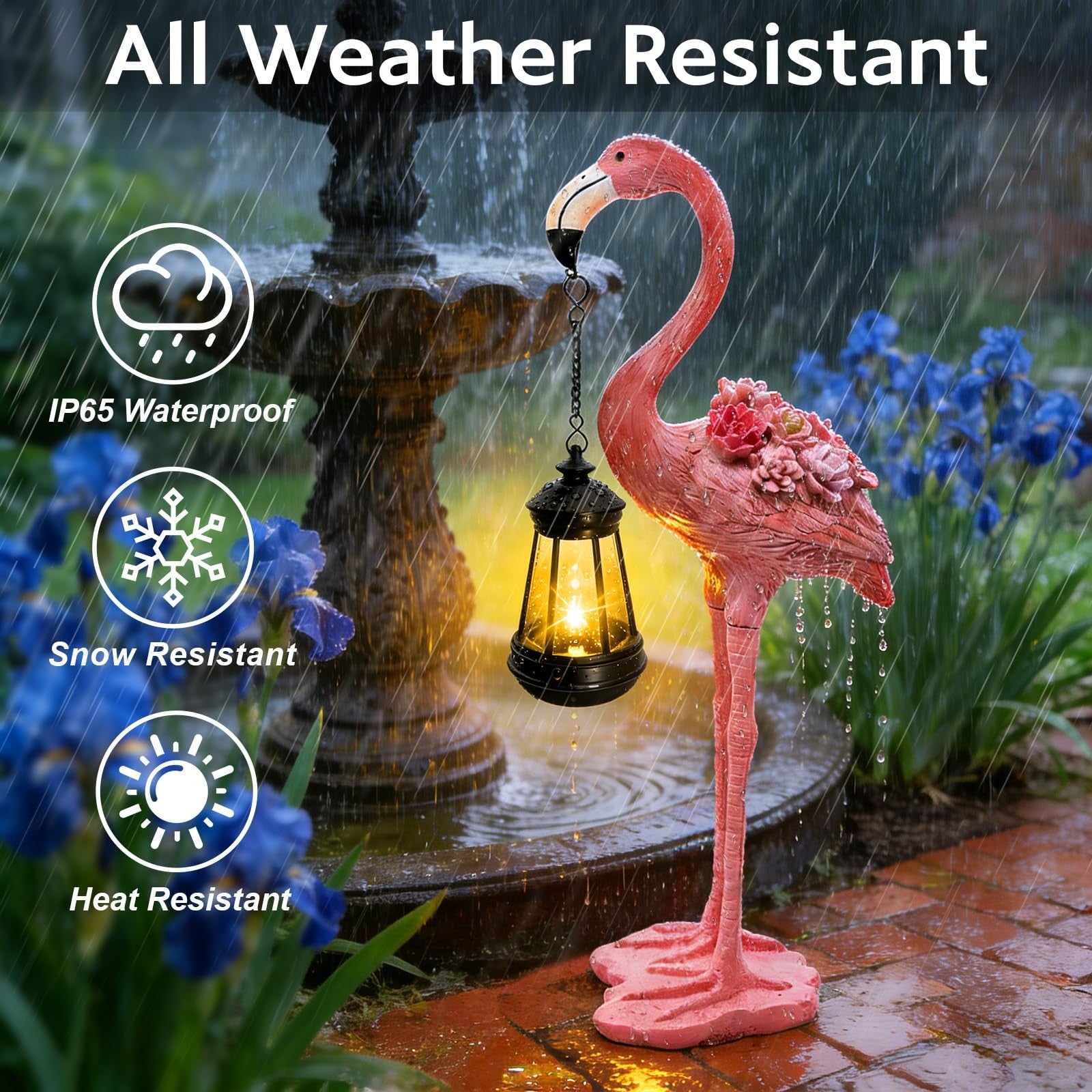 Yulloyello flamingo solar garden statue, 18.9-inch pink flamingo figurine with hanging solar lantern, outdoor yard decor