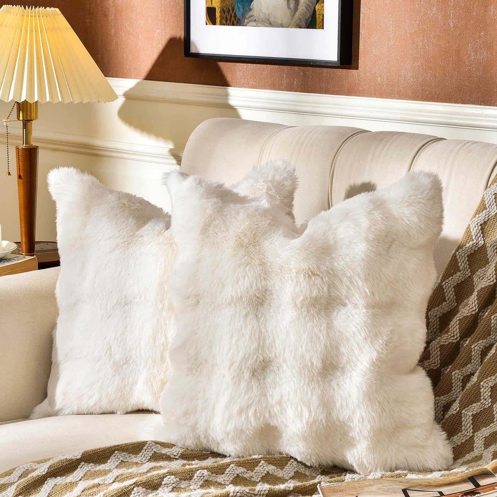 AmHoo pack of 2 cozy throw pillow covers with plush 3D dense faux rabbit fur, super soft and perfect for home decor.