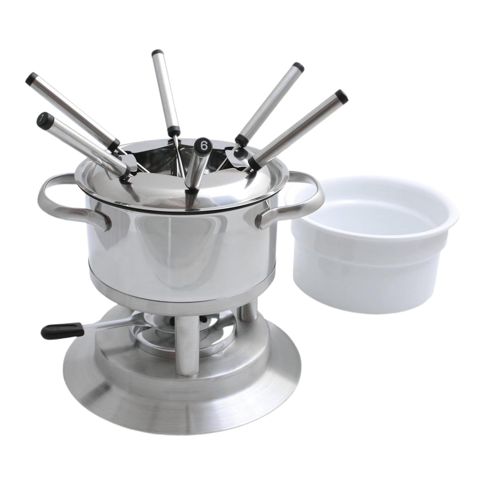 Swissmar Arosa 11-piece stainless steel 3-in-1 fondue set with fondue pot, stands, and utensils for melting cheese or chocolate.