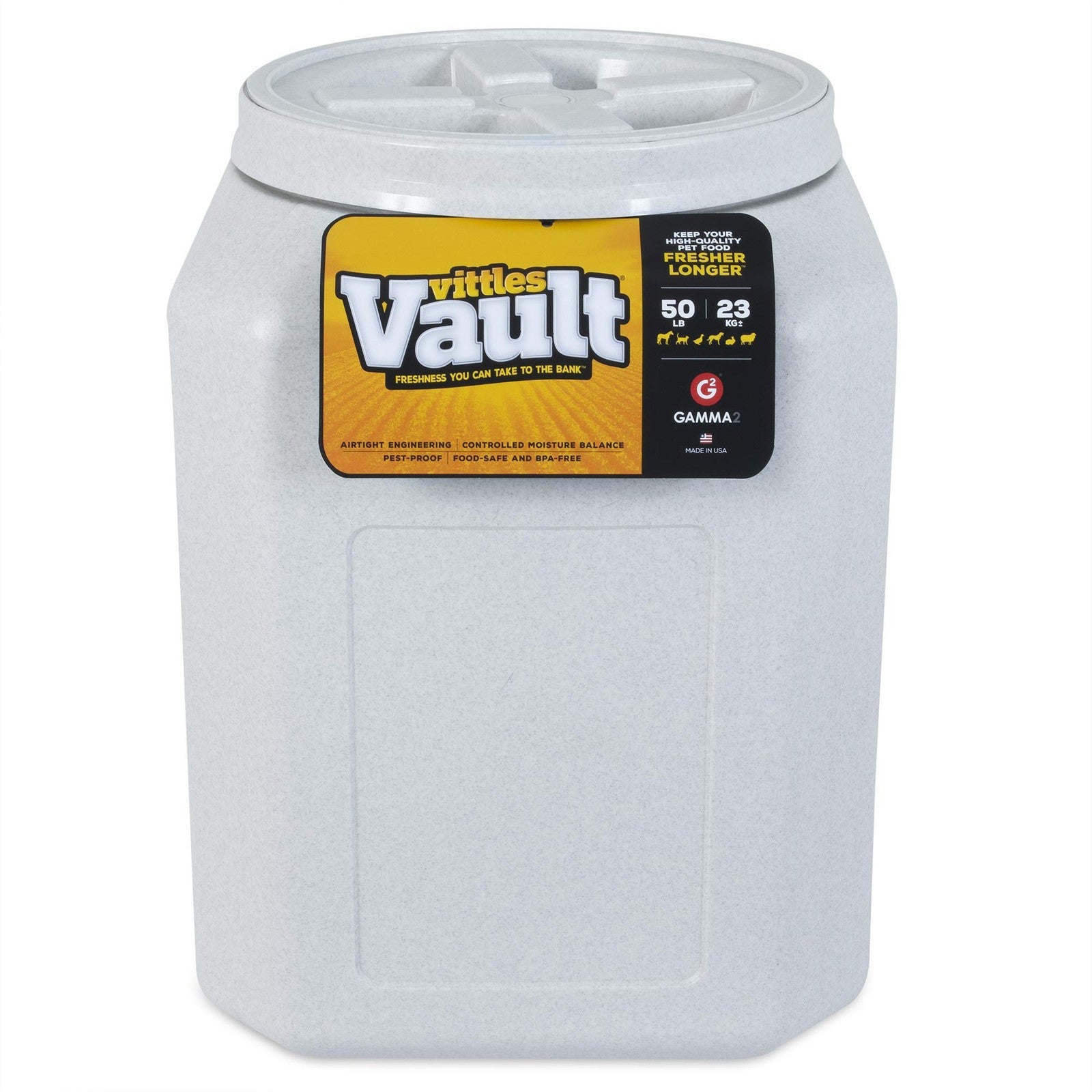 Gamma2 Vittles Vault pet food storage container with airtight seal for dog and cat food, durable plastic storage bin.