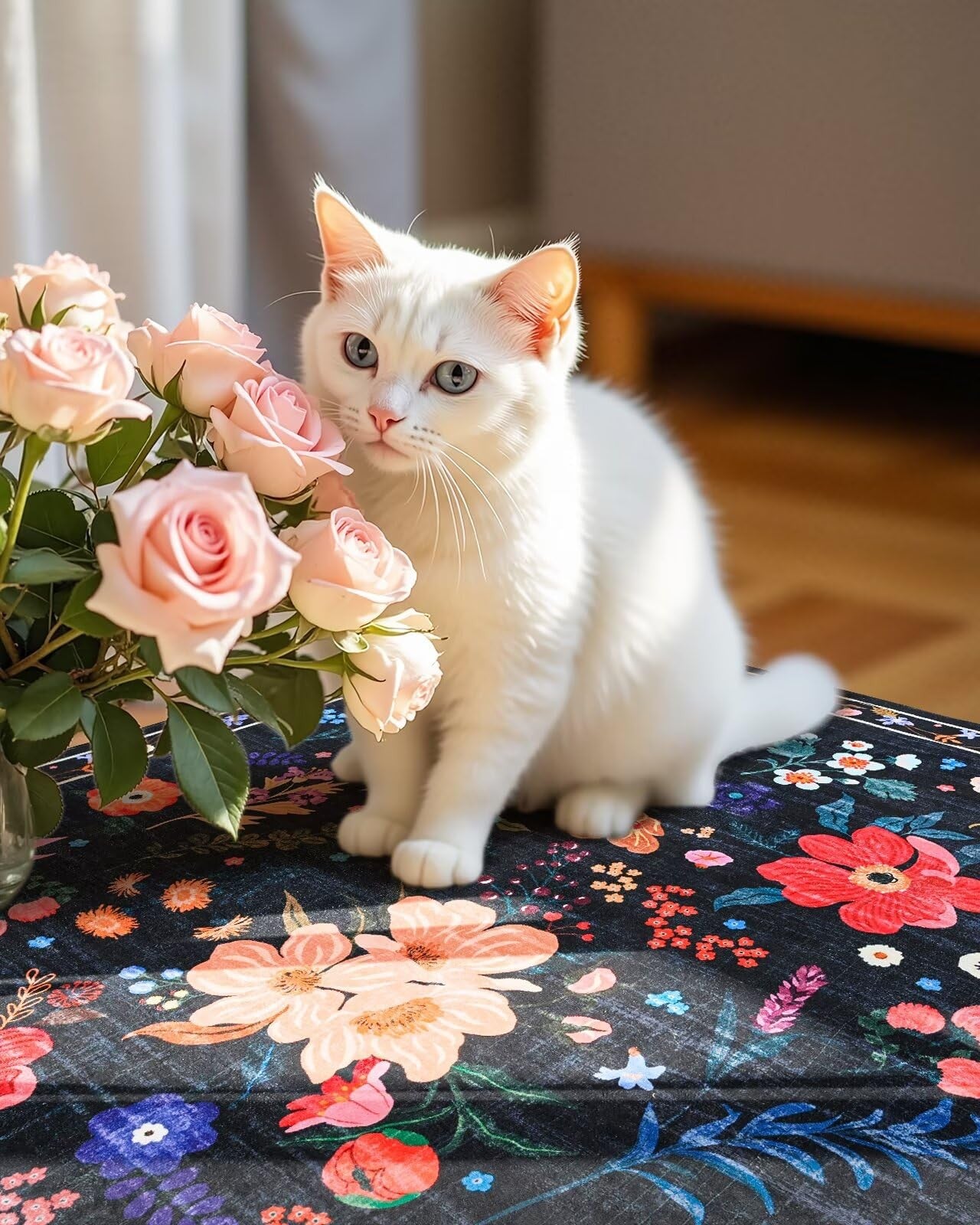 Macgace black floral 4x6 machine washable area rug for girls' bedroom with colorful flower pattern on soft fabric surface.