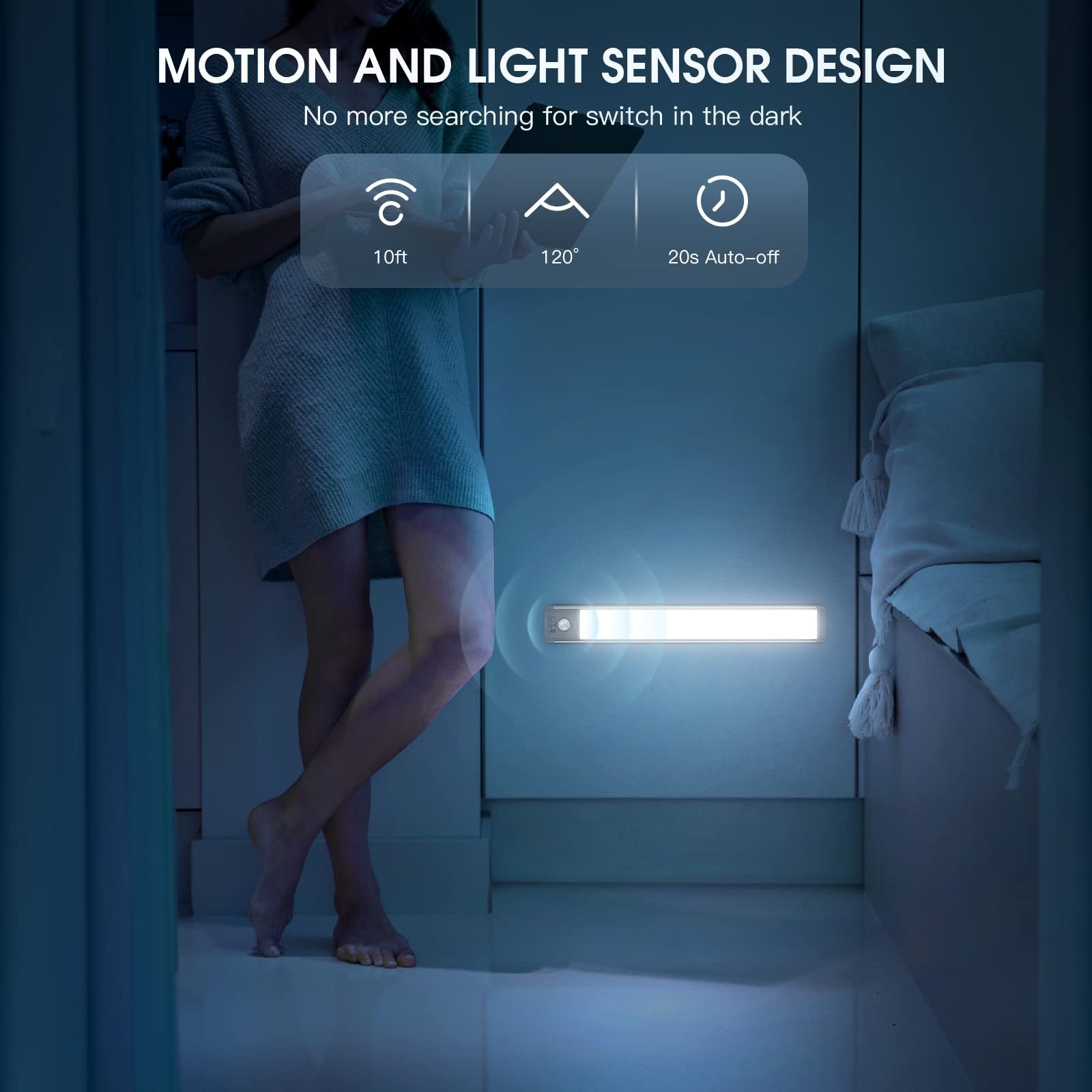 MCGOR 10-inch rechargeable under cabinet lighting with motion sensor and dimmable feature, shown installed under kitchen cabinets.
