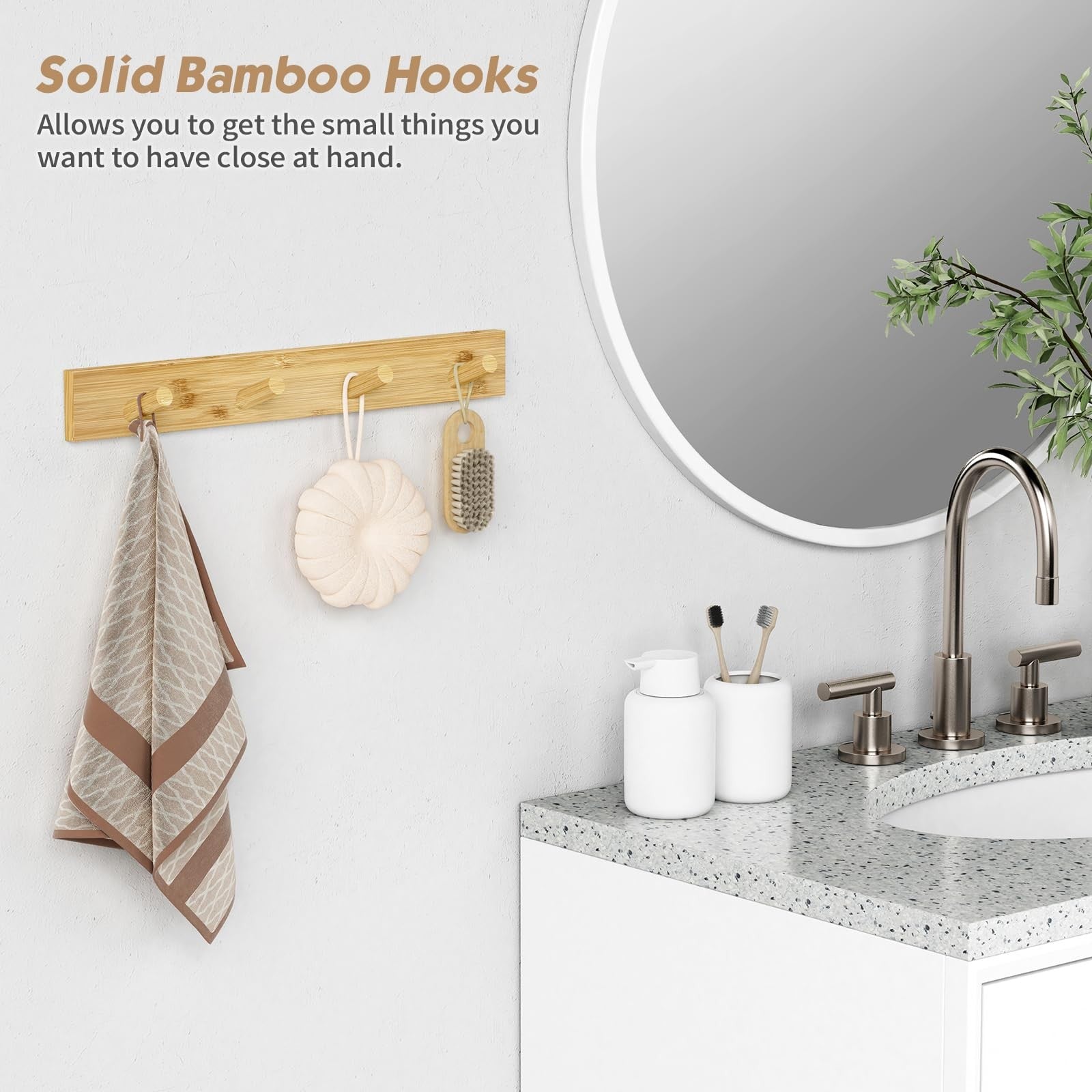 Forbena natural wood wall mount coat rack set of 4 with hooks, ideal for bathroom or entryway organization.