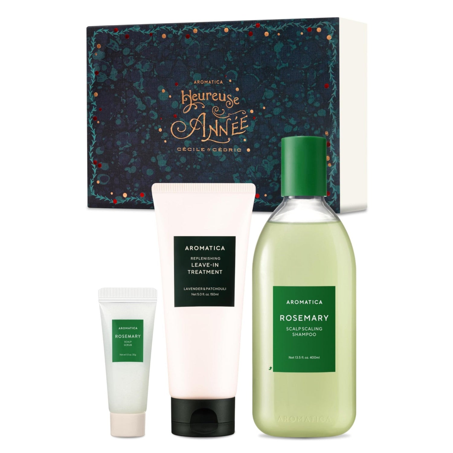 AROMATICA Rosemary Hair Care Gift Set featuring shampoo for hair growth and heat protection, with natural rosemary ingredients.