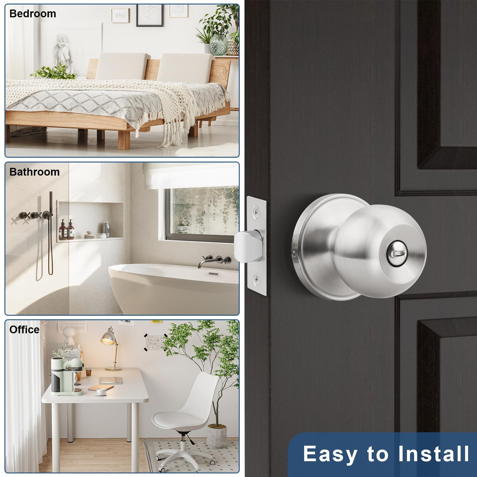 Set of five Knobonly satin nickel privacy door knobs for interior doors, keyless design with sleek finish.