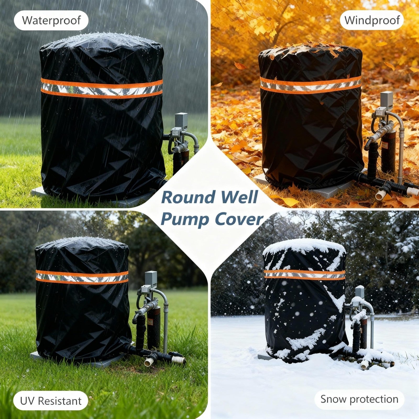 Exokugo round well pump cover with five fins, insulated pressure tank cover for protecting and insulating well pressure tanks.