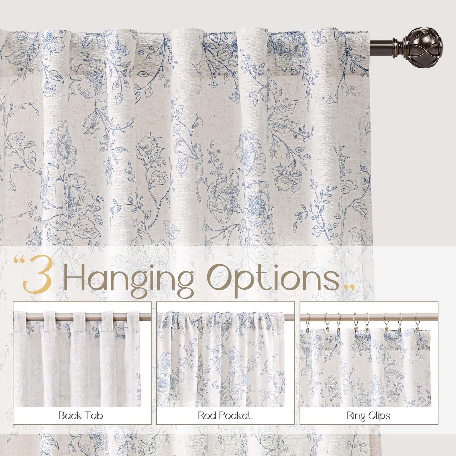 Blue floral curtains by Meikelor with back tab design, 63-inch length, perfect for farmhouser living rooms to filter light.