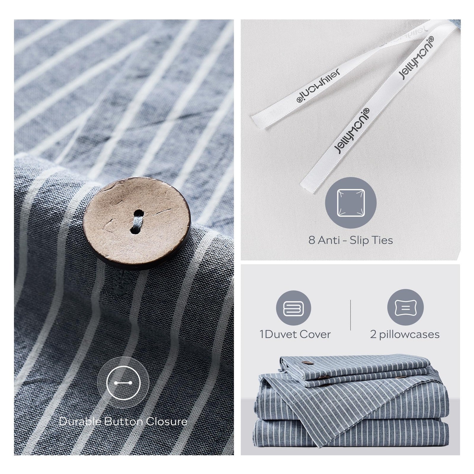 Blue vertical pinstriped Jellymoni cotton king duvet cover on a bed, showcasing comfortable, soft bedding with a modern design.
