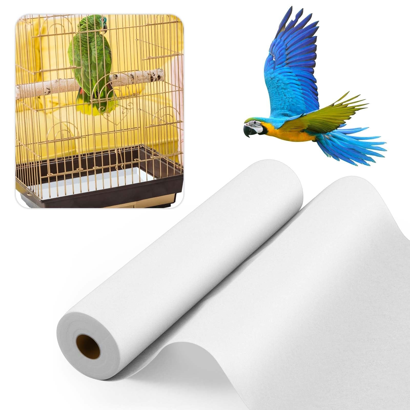 Drydiet 100ft x 18in bird cage liner for parakeets, disposable and absorbent, shown in the image with clean, ready-to-use material.