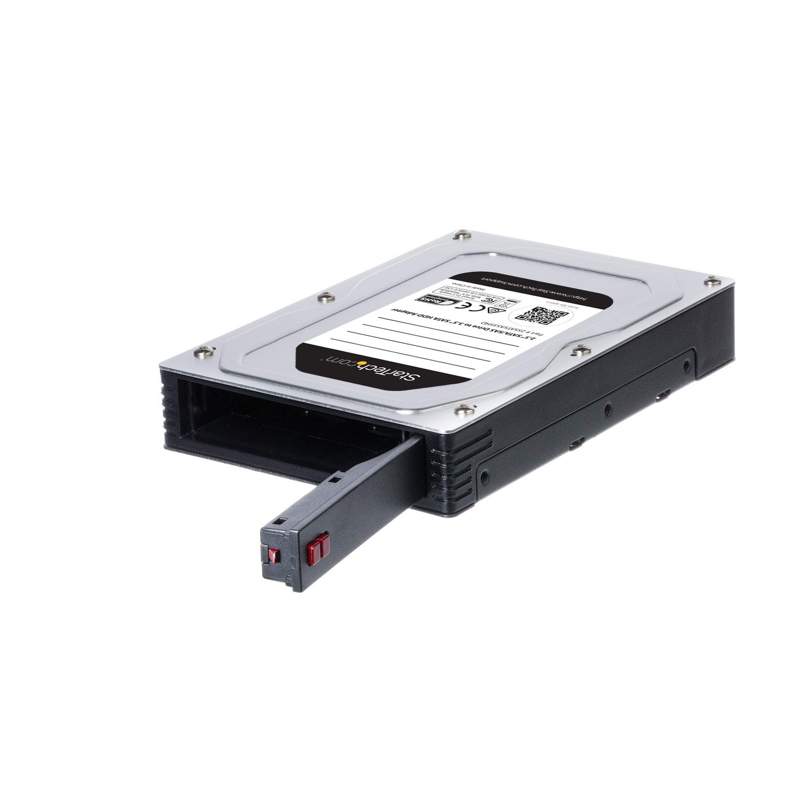 StarTech 2.5 to 3.5 hard drive adapter for SATA and SAS SSDs and HDDs, shown with the adapter and connected drives.