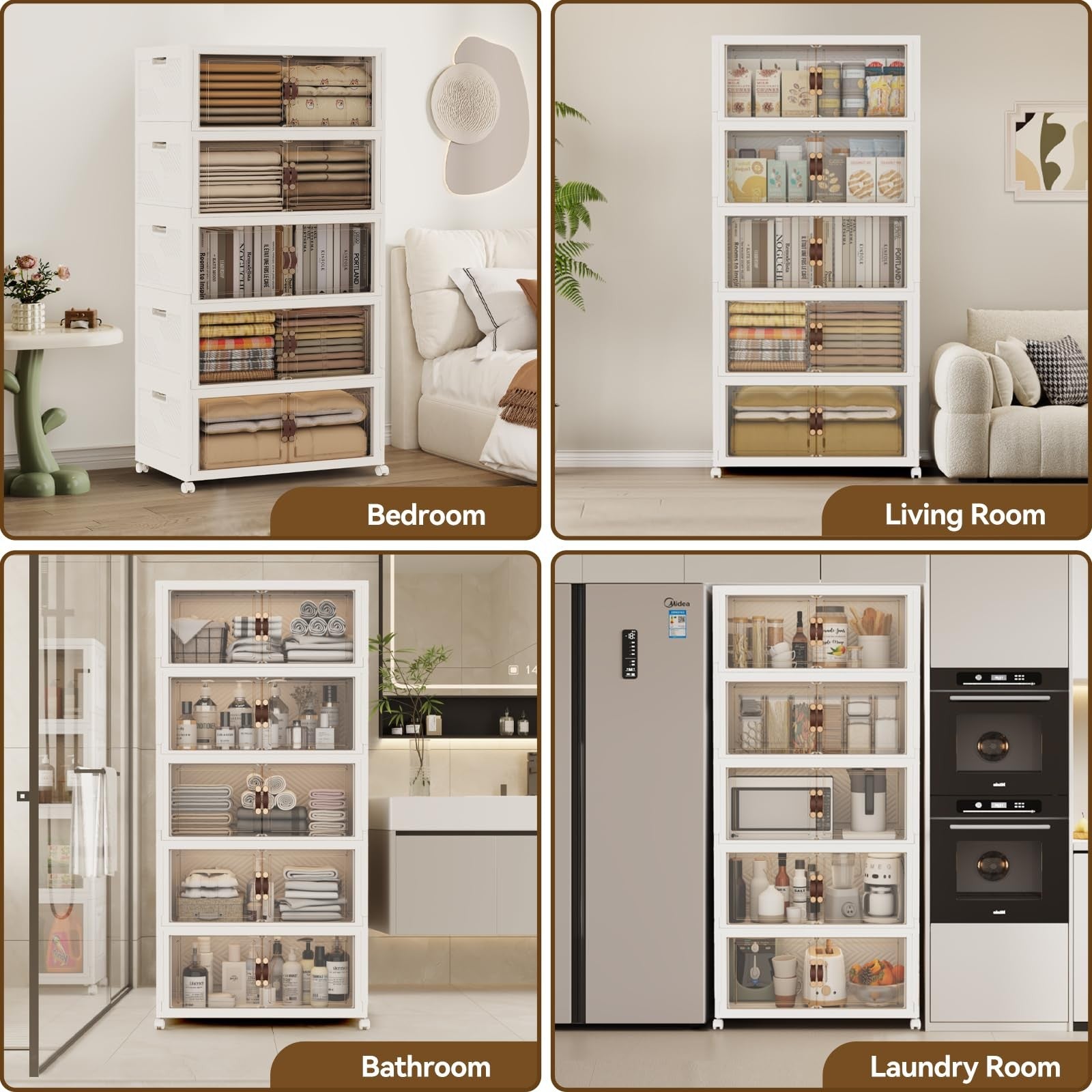 Stackable Sailun 234Qt/58Gal storage bins with lids and doors, shown collapsed and assembled for versatile organization.