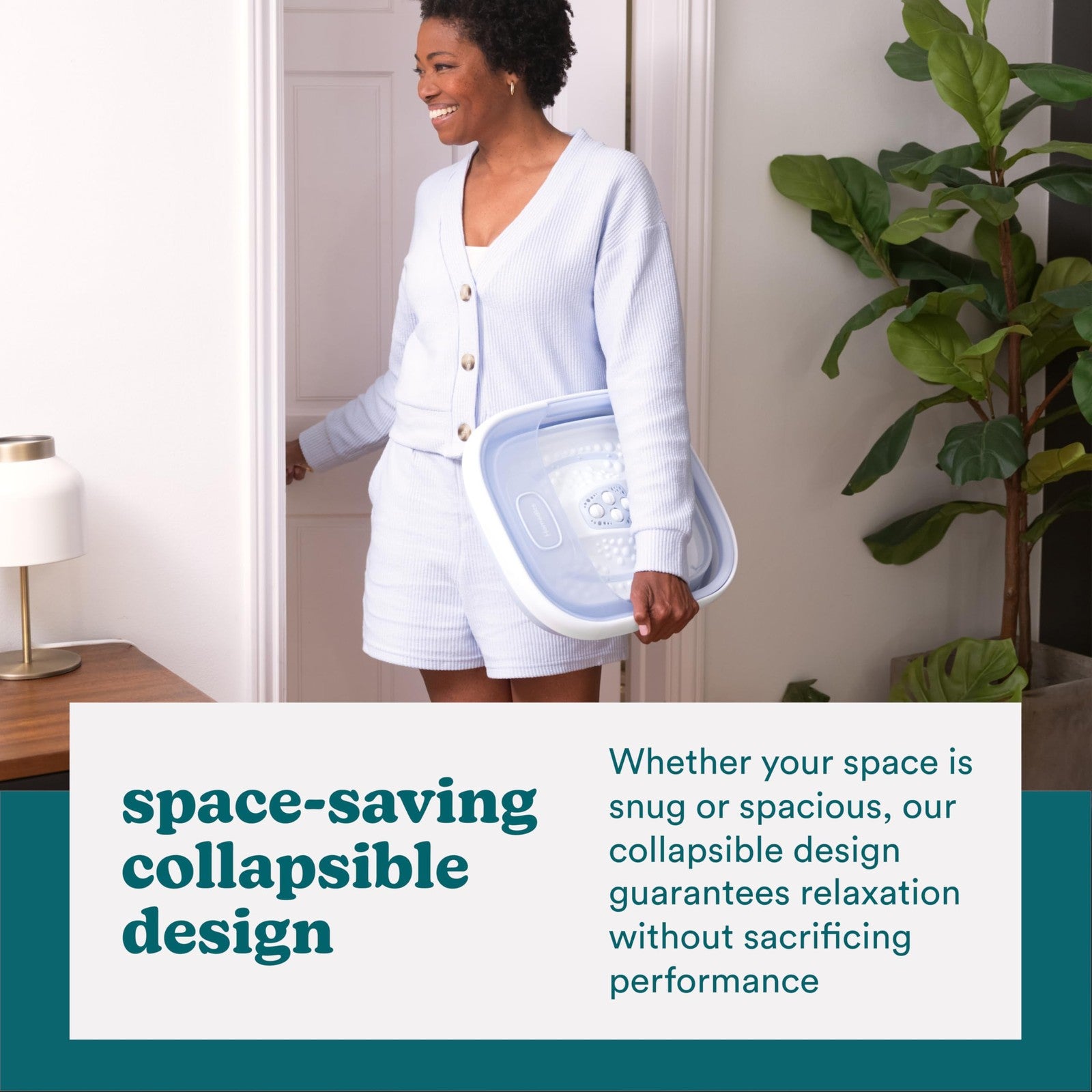 Homedics Smart Space Essential Collapsible Footbath with invigorating bubble massage, showing the foldable design and water jets.