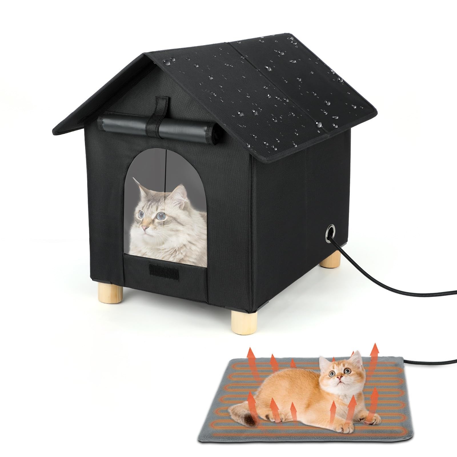 Rypet heated outdoor cat house with waterproof, insulated design, elevated for winter outdoor shelter, suitable for cats in cold weather.