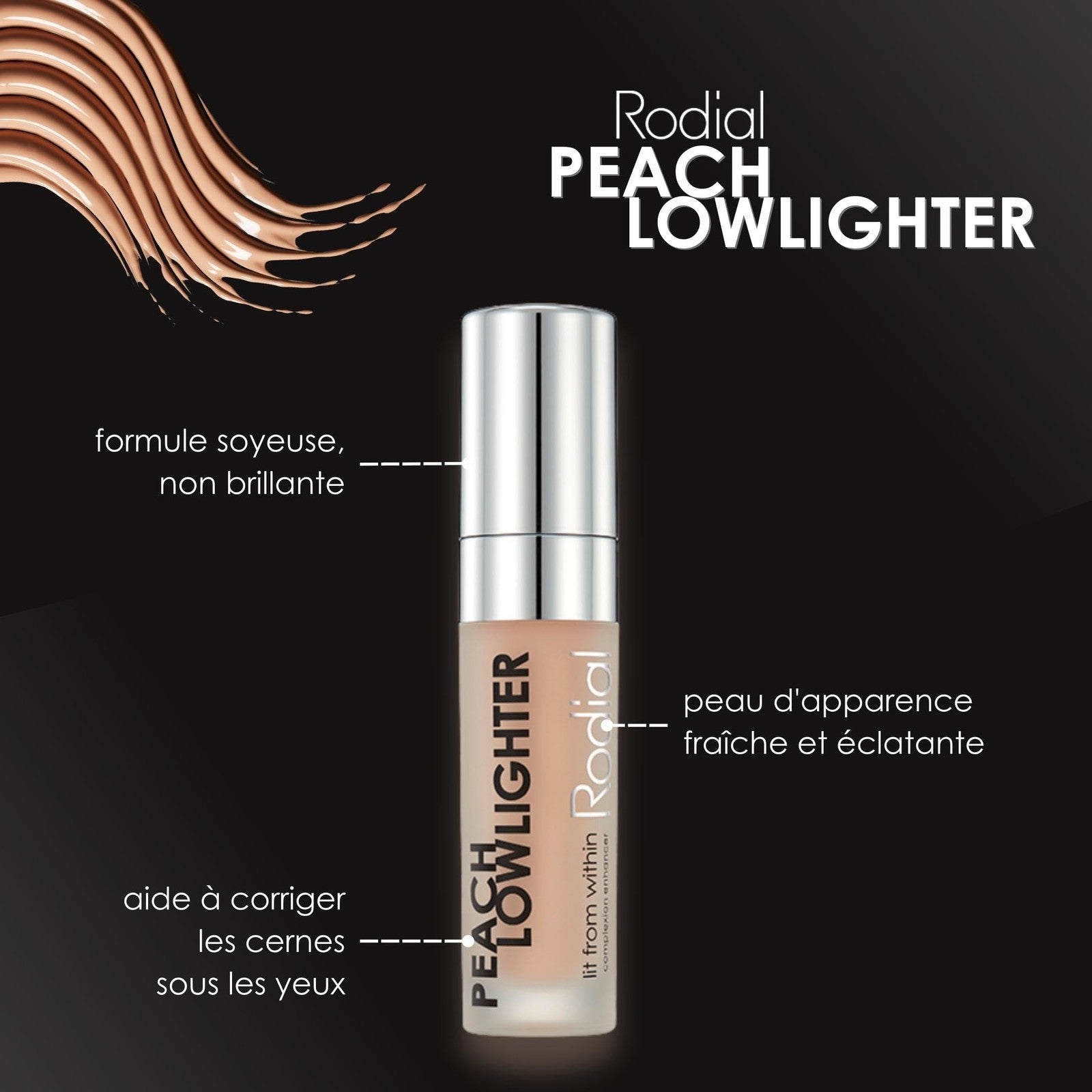 Rodial Peach Lowlighter under eye brightener in a small tube, featuring peach-colored hydrating formula for under eye brightening.