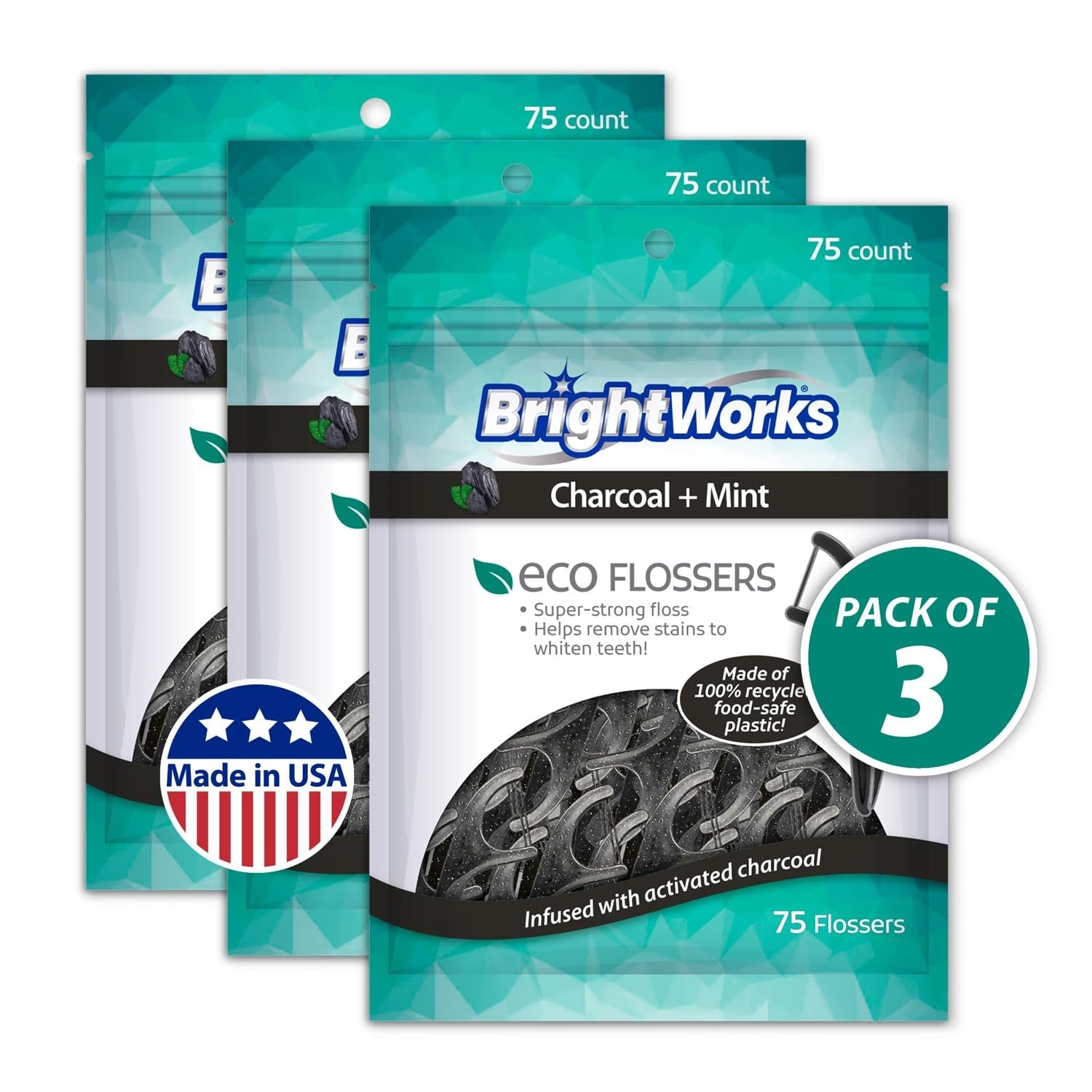 BrightWorks ECO sustainable dental floss picks, PFAS-free, 225-count, made in the USA, showing floss picks with handles and floss.
