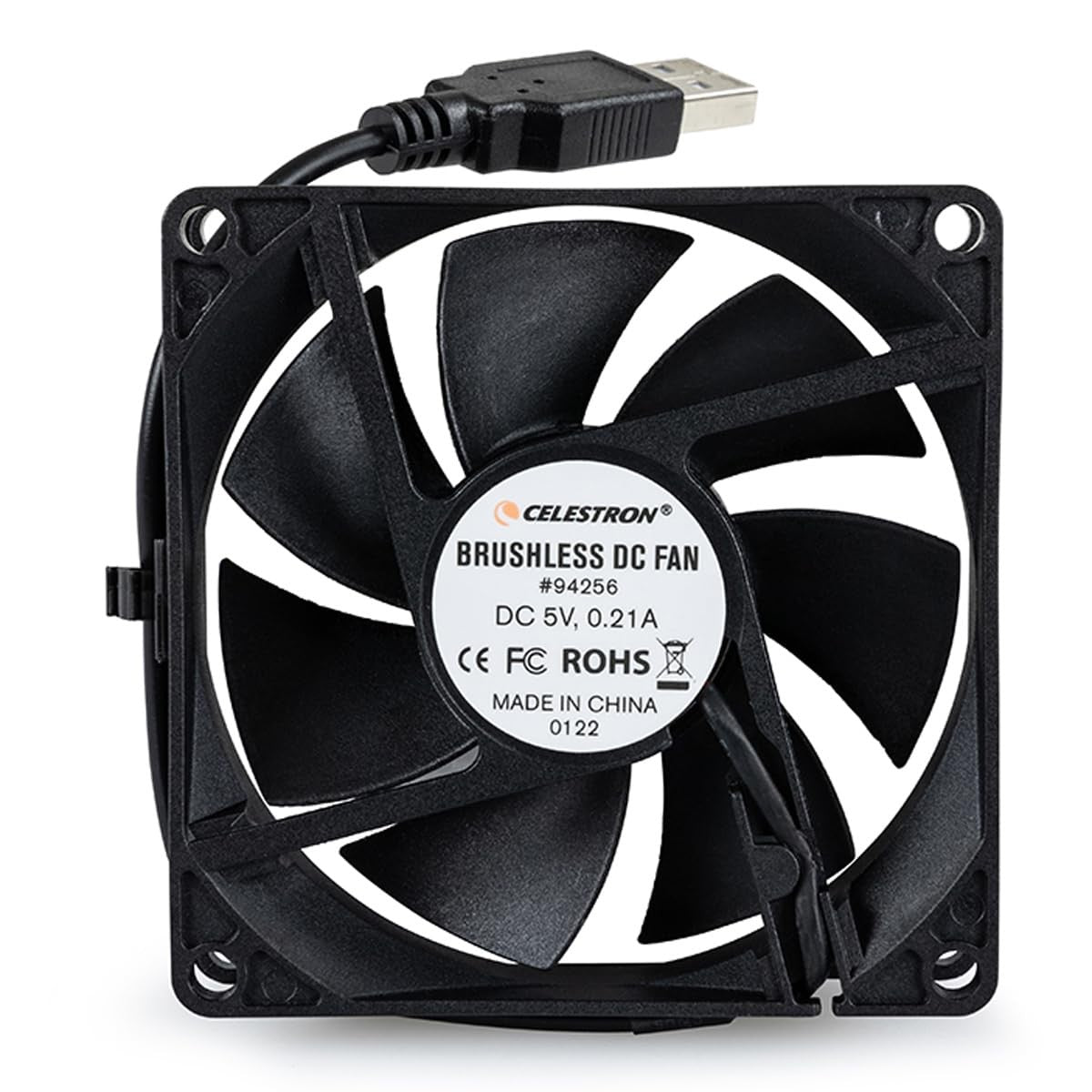 Celestron USB cooling fan for Dobsonian telescopes with adjustable controls and mounting hardware, designed to reduce mirror temperature.