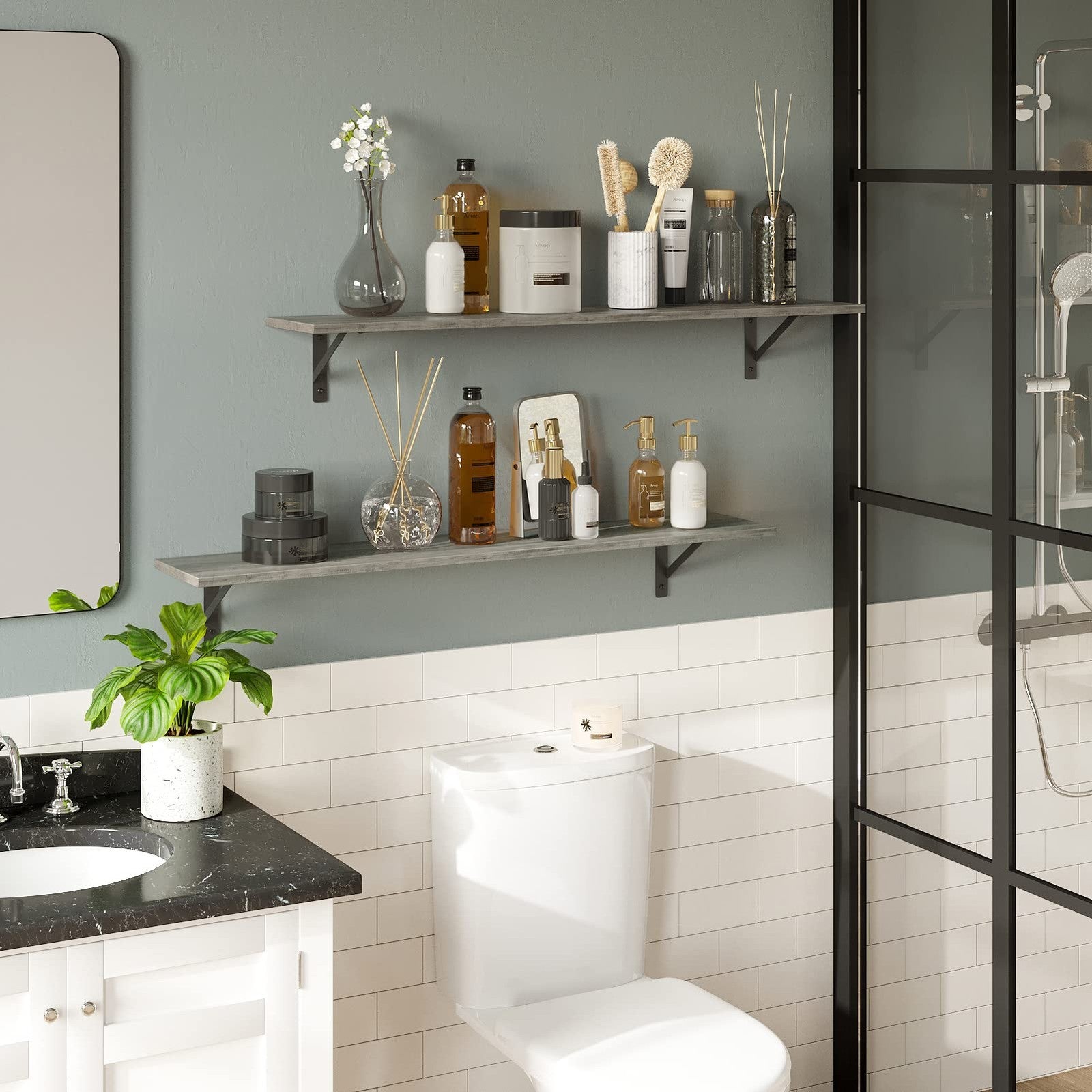 Pair of Dinzi Lvj long wall-mounted shelves, 39.4 inches, made of wood, shown mounted on a wall in a modern interior.