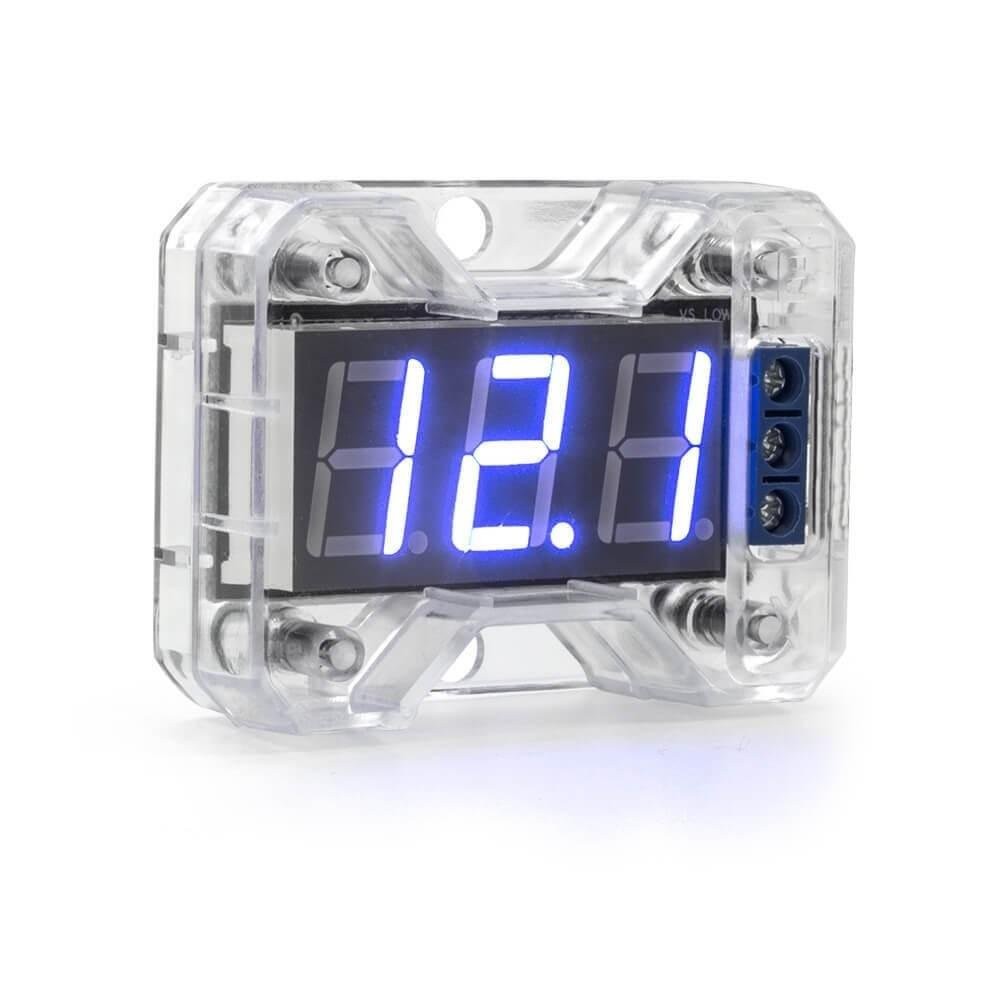 Expert VEX1.0 compact vehicle voltmeter displaying black device with digital voltage readout for 8 to 16.5 volts in a car dashboard.