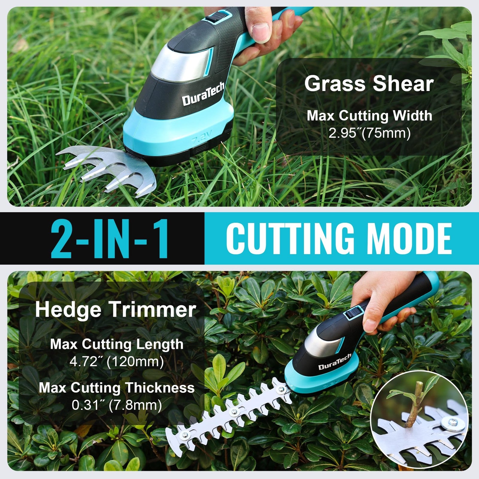 DURATECH cordless hedge trimmer and grass trimmer with 7.2V rechargeable battery, handheld design, and dual trimming functions.