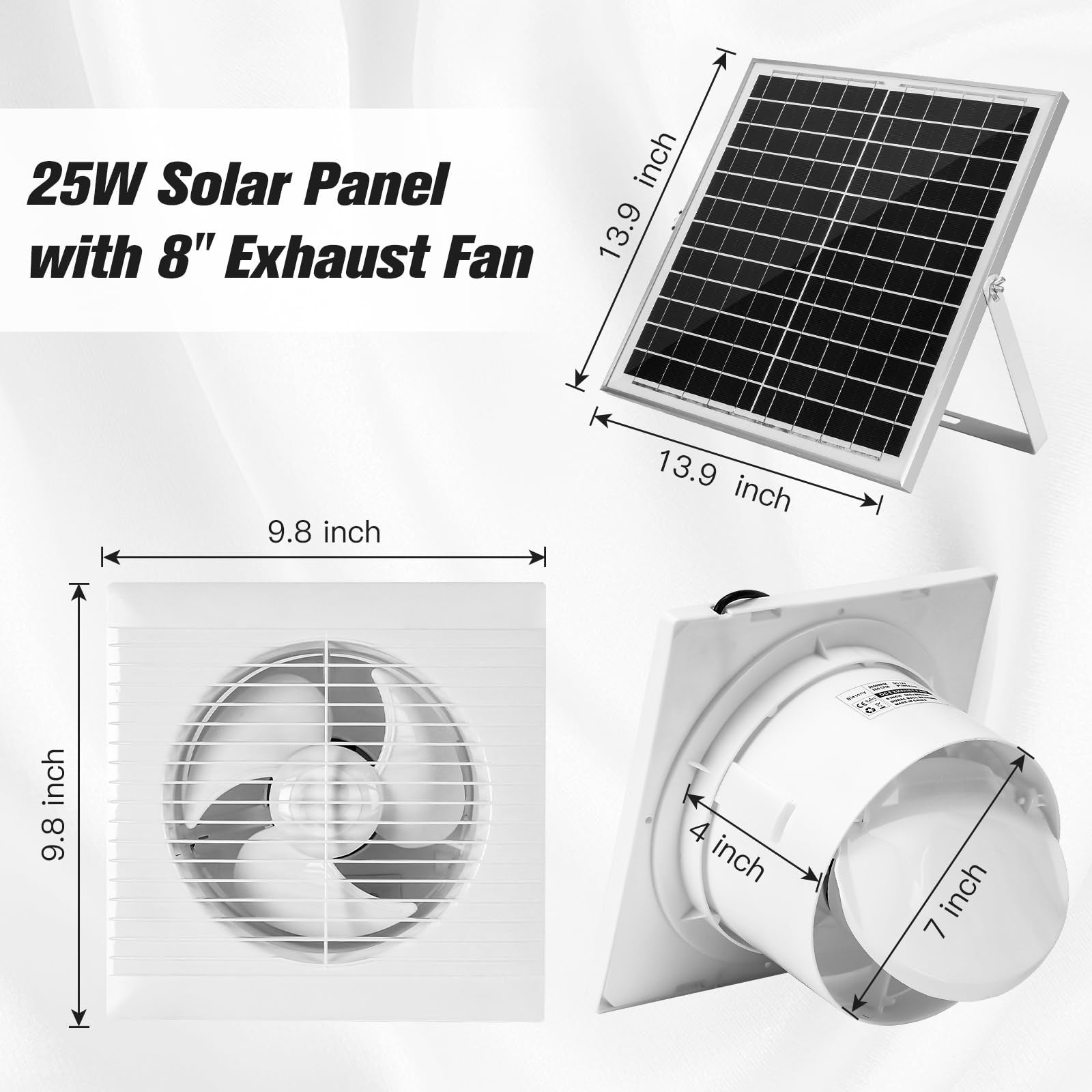Blessny solar powered exhaust fan with 25W solar panel and 8-inch ventilation vent fan for efficient airflow and energy savings.