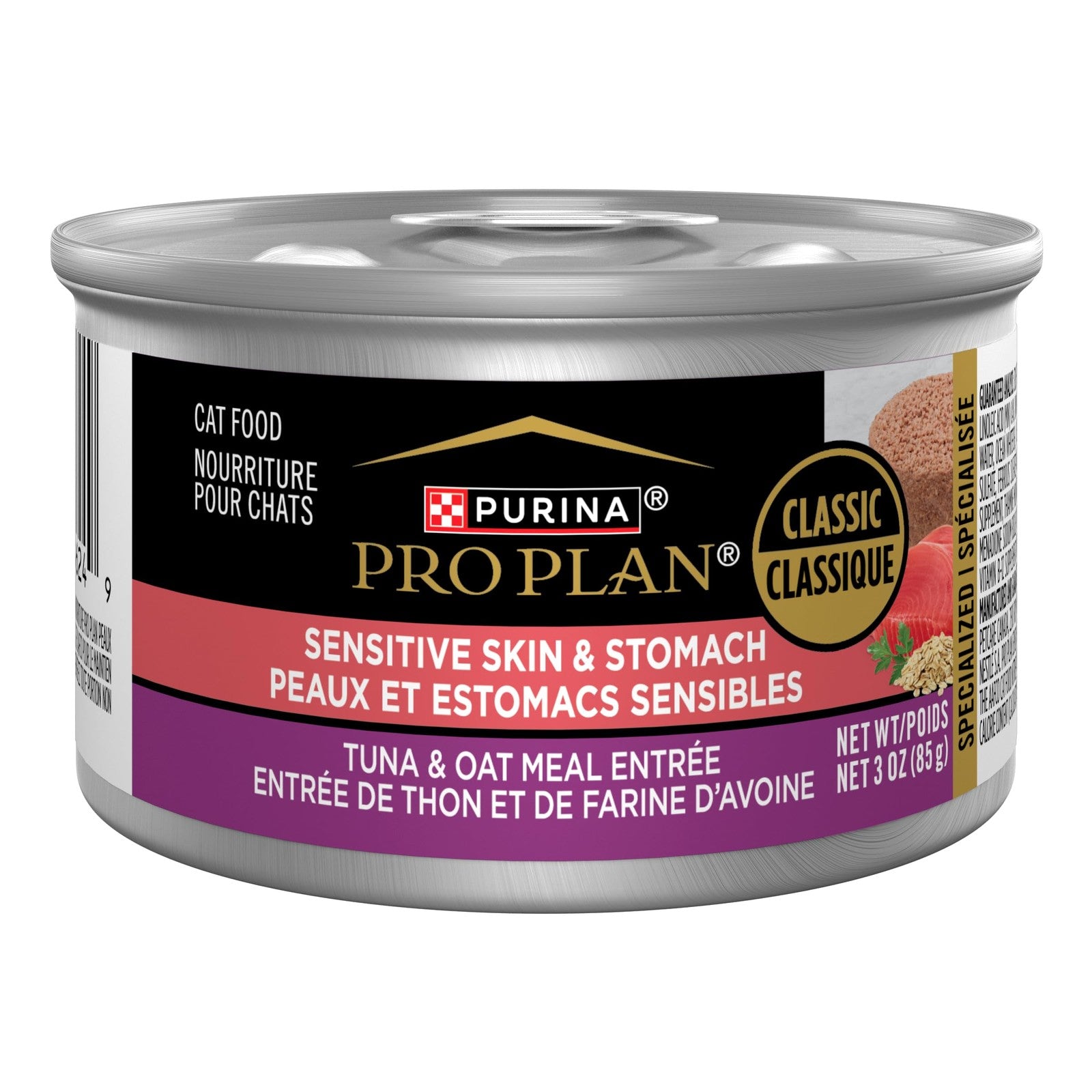 Purina Pro Plan Sensitive Skin & Stomach cat food with tuna and oat meal in a bowl, designed for cats with sensitive digestion.