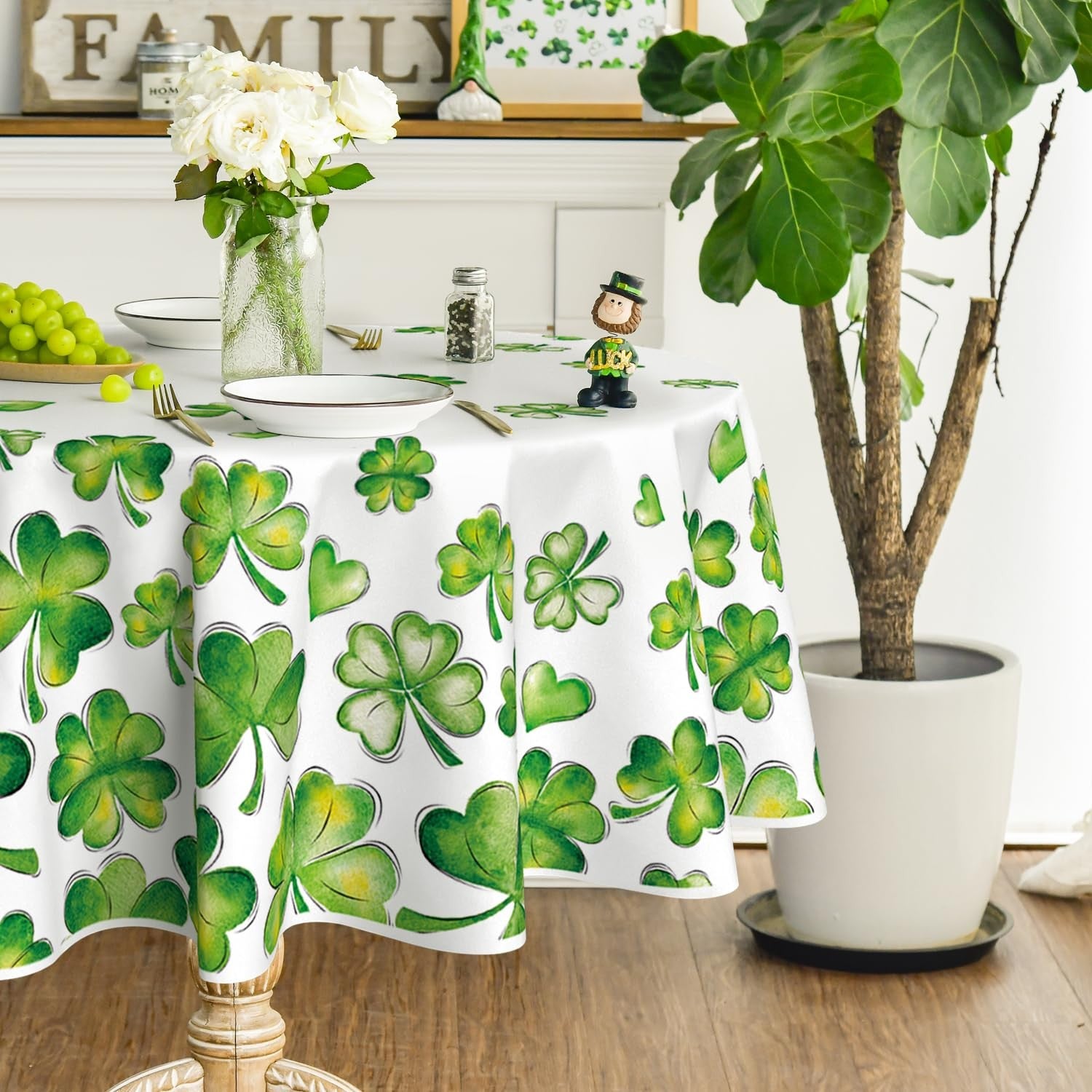 Horaldaily St. Patrick's Day round tablecloth with watercolor shamrock design, 90-inch diameter, festive and colorful for celebrations