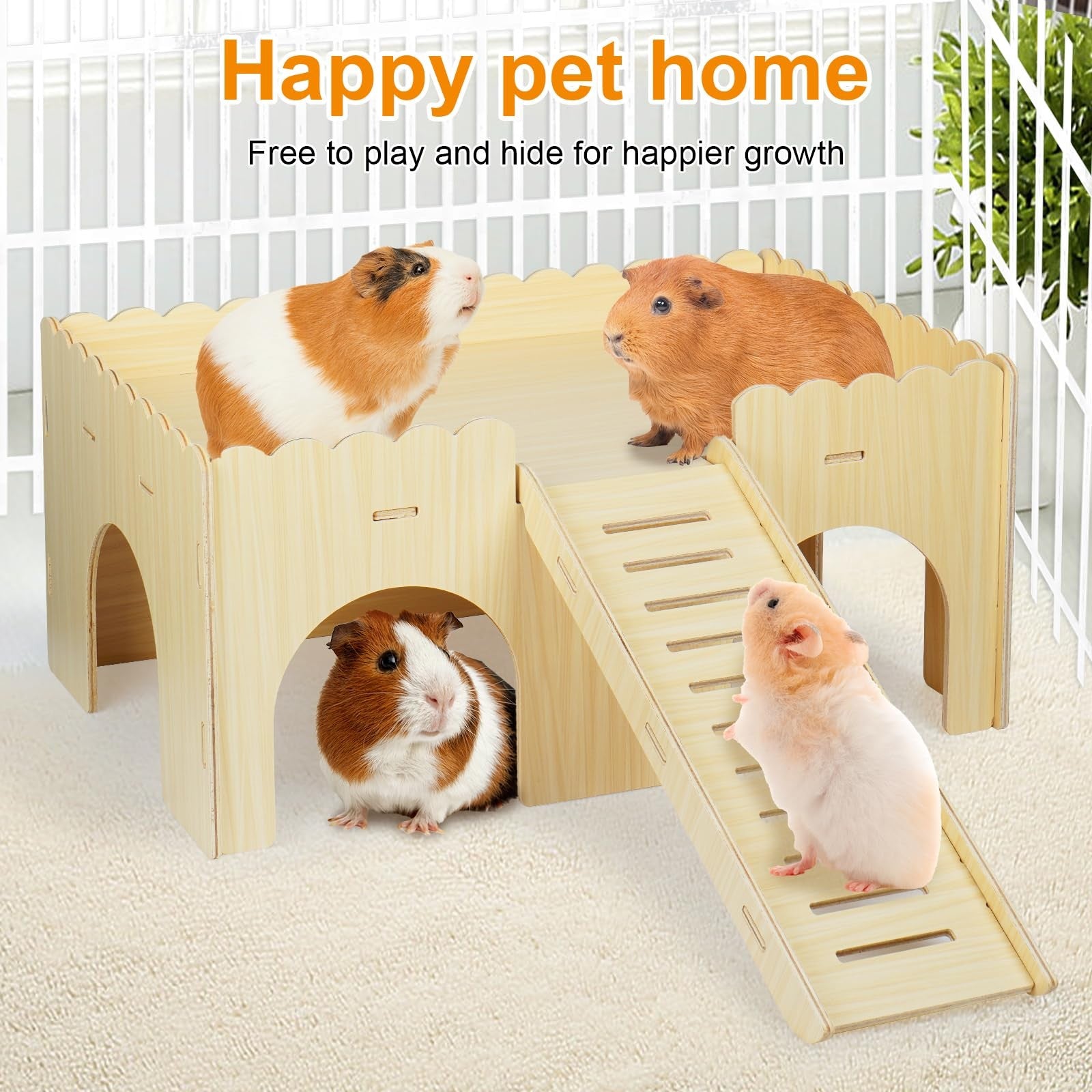 Qorviana large wooden guinea pig hideout with a ramp, upgraded guinea pig castle for small pet shelter and play space