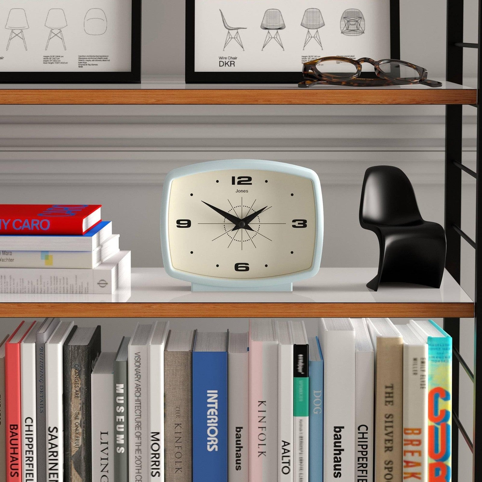 Jones Clocks Film Desk Clock with retro rectangular pale blue design, featuring a vintage-inspired style and clear clock face.