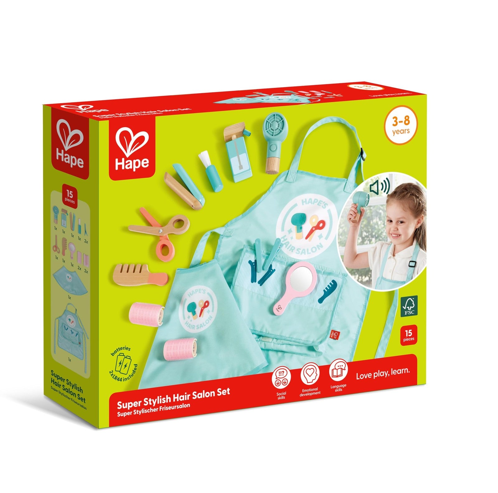 Hape Super Stylish Hair Salon Set for kids with toy hairdryer, scissors, mirror, and accessories for imaginative play