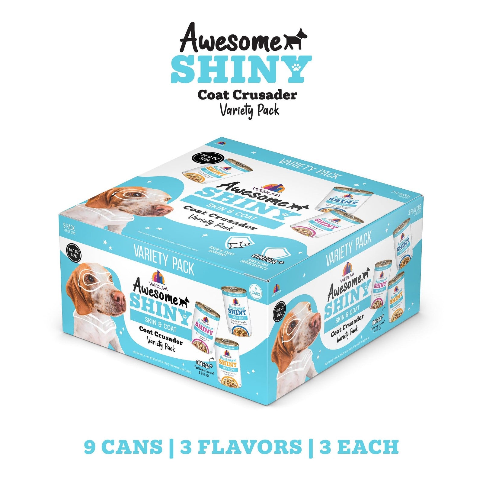 Weruva Awesome Shiny Wet Dog Food Coat Crusader variety pack with 14oz cans, featuring colorful labels and dog food can images.