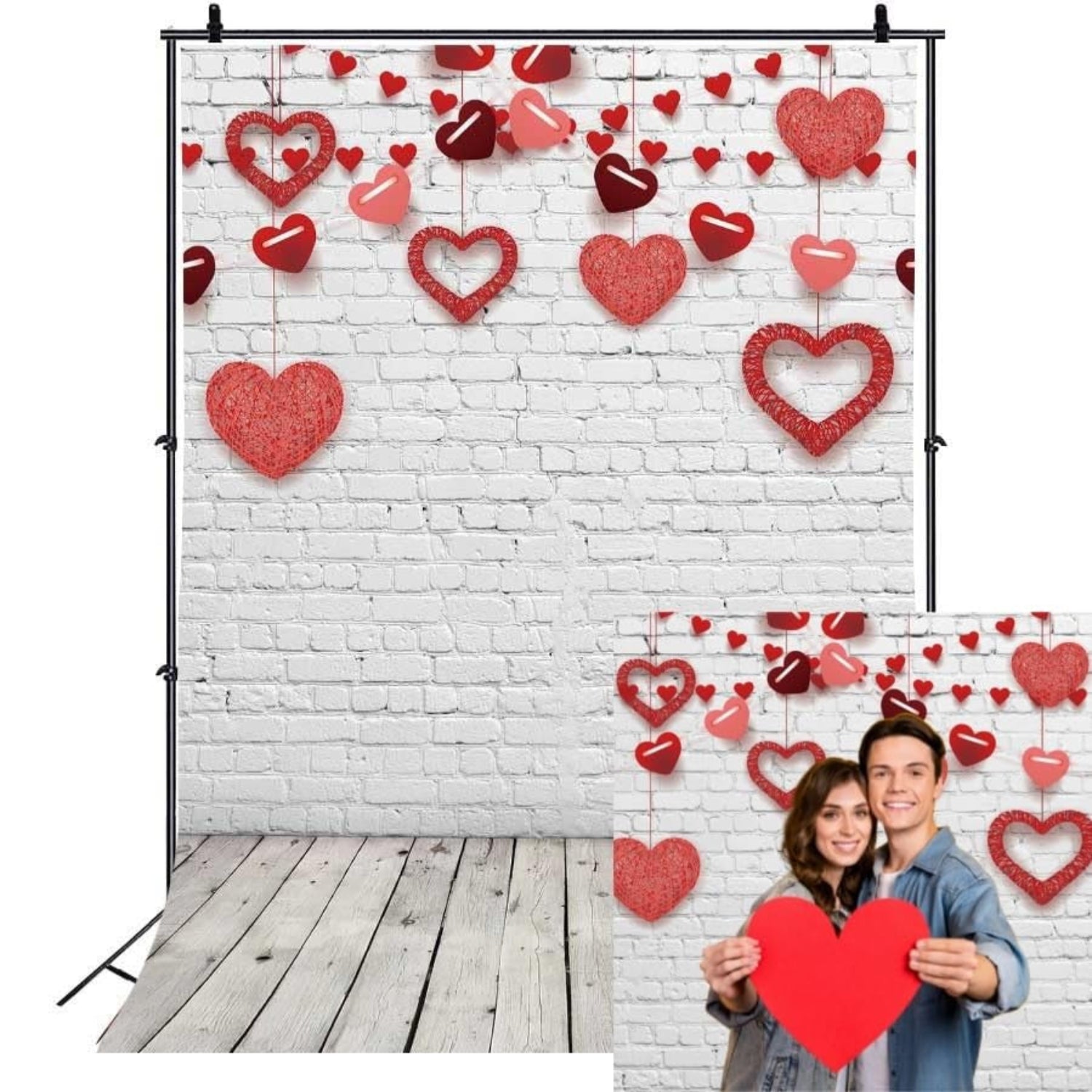 INRUI RUINI Valentine's photography backdrop with red heart bokeh, rustic white brick wall design for romantic photo shoots