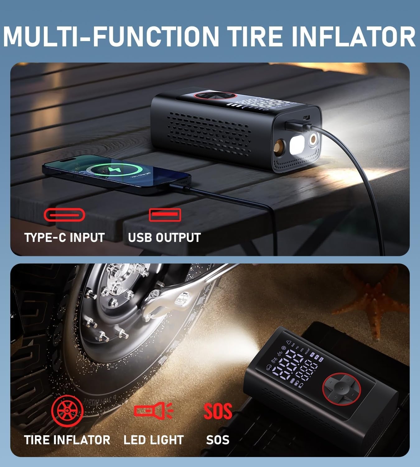 JUSUOX portable cordless tire inflator and air compressor with digital display, inflating car tires up to 150 PSI, compact design