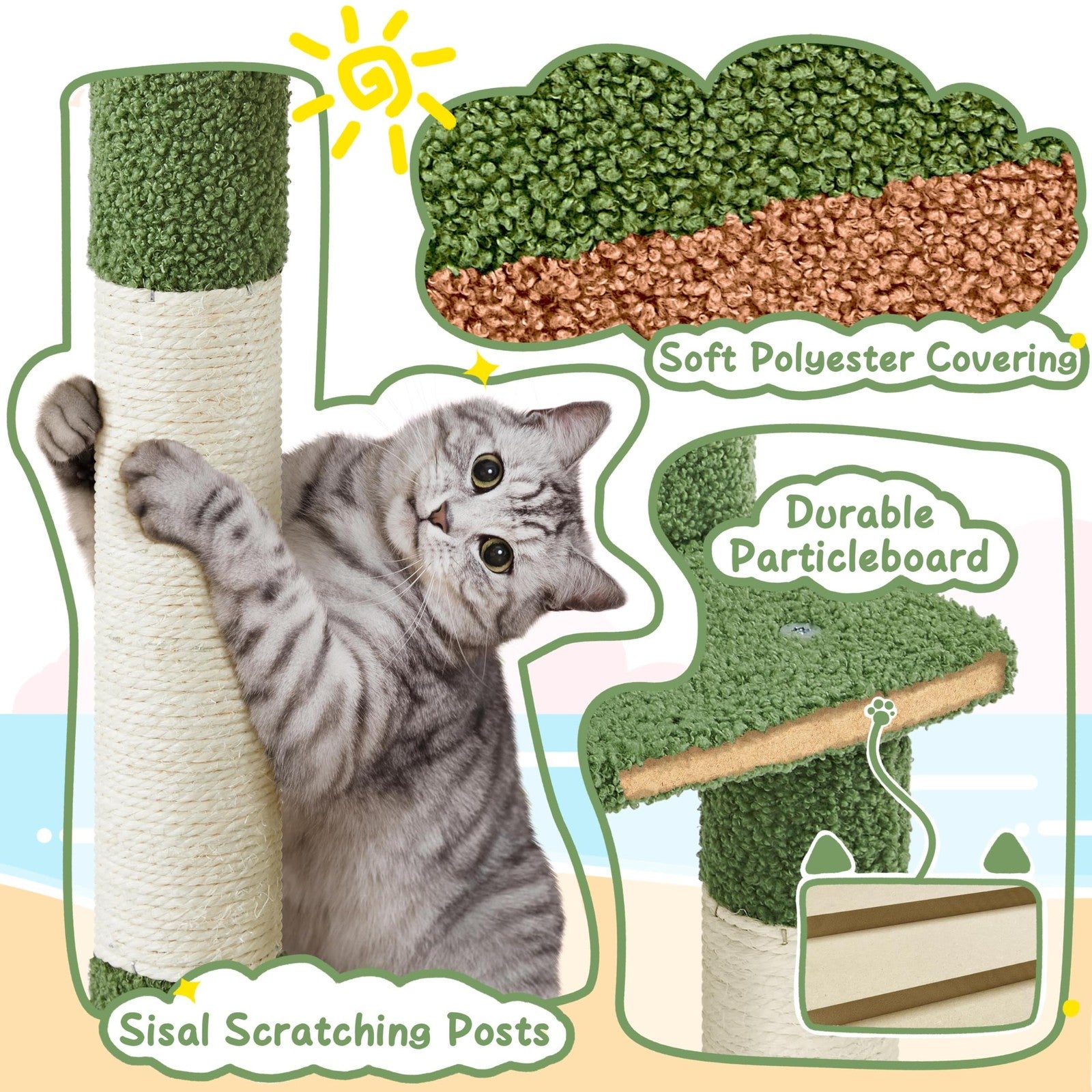 Yaheetech 59-inch green cactus and palm leaf cat tree with double-level condos for cats to climb and relax.