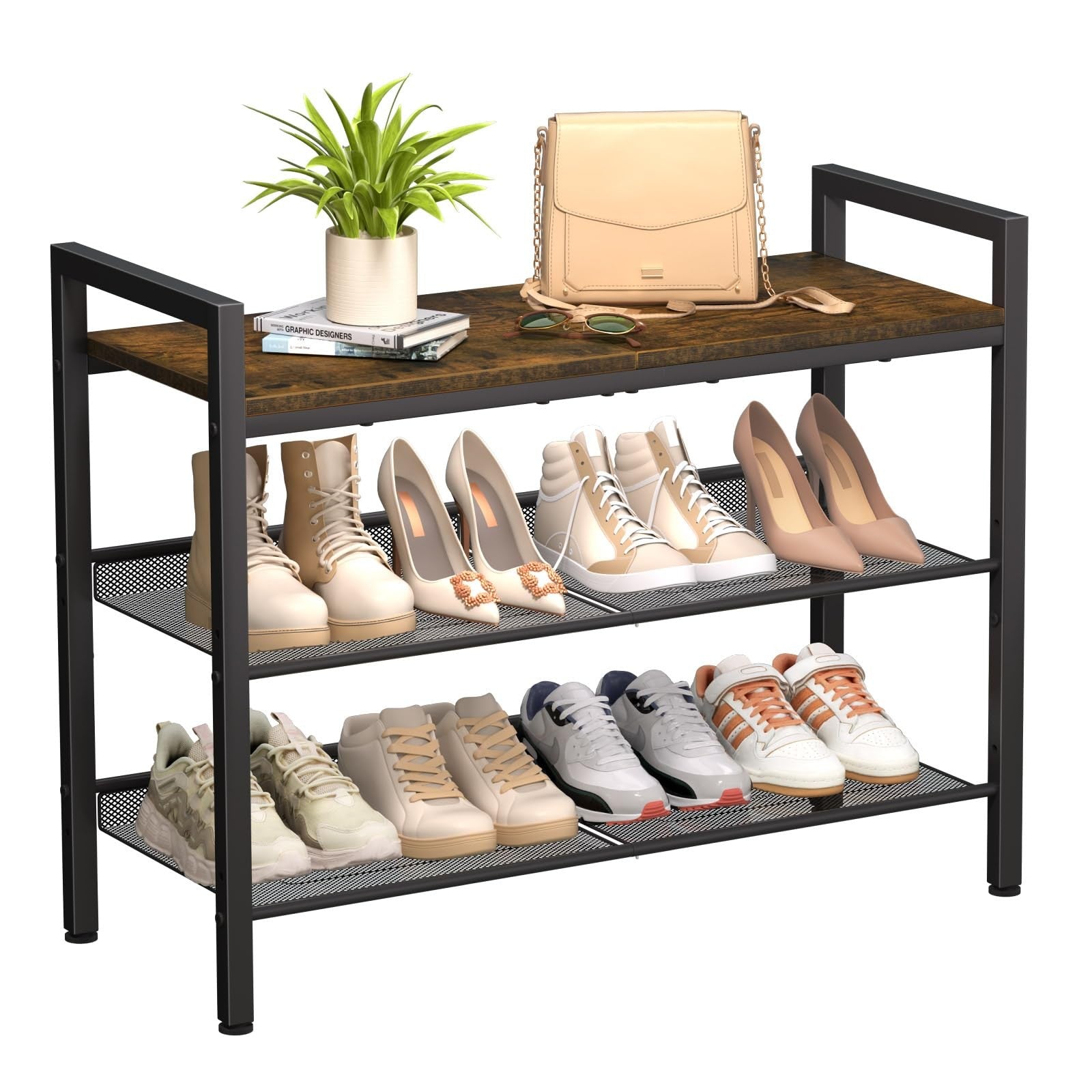 WIN4ALL 3-tier shoe rack for entryway, front door entrance, compact metal shoe storage organizer with shelves.