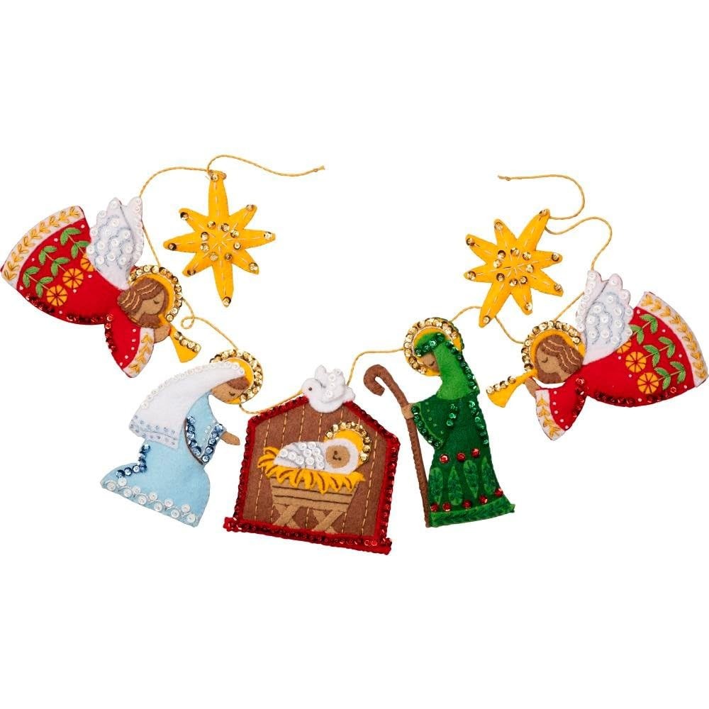 Bucilla Felt Applique Garland Kit featuring nativity scene, ideal for DIY arts and crafts, includes colorful fabric pieces and decorative elements.