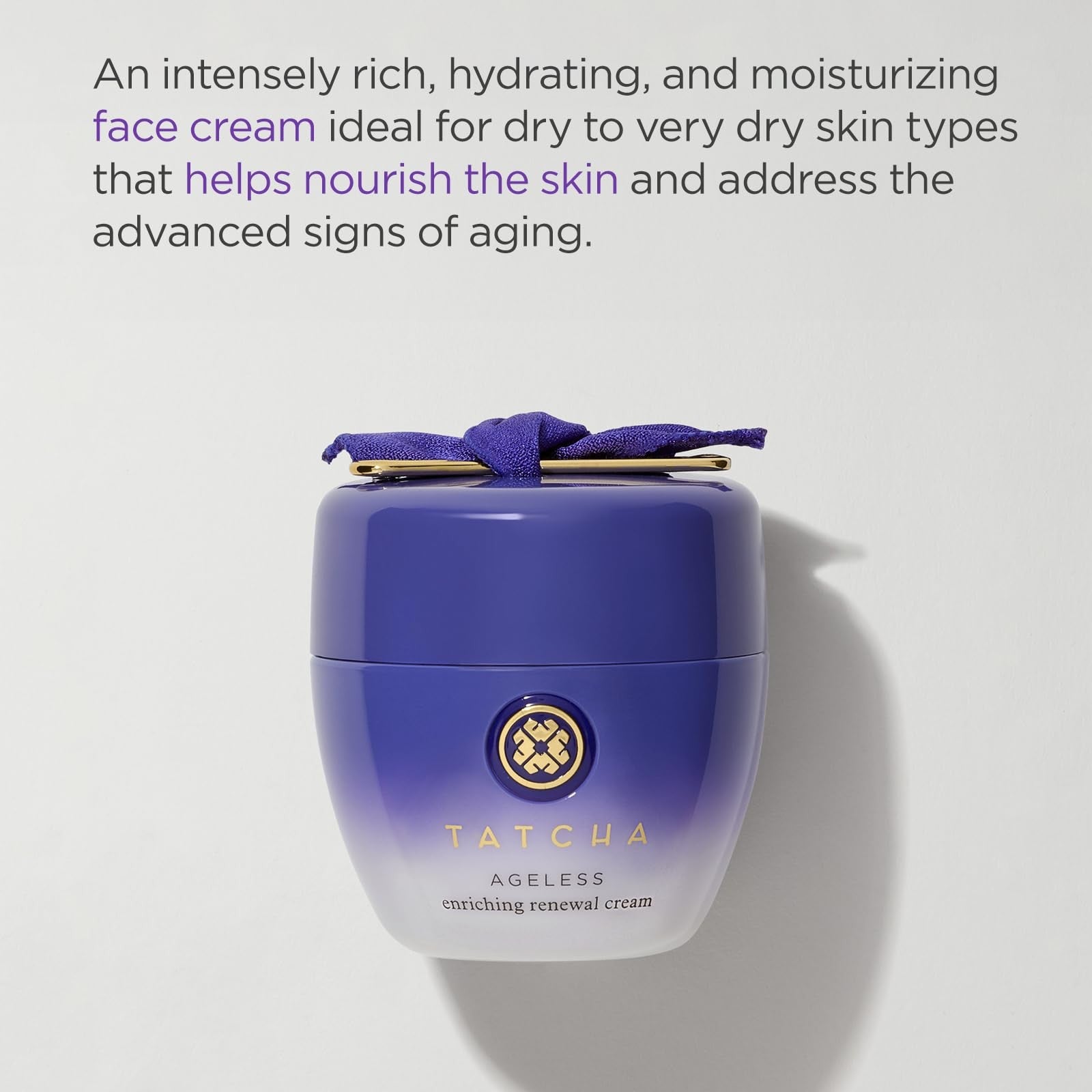 TATCHA Ageless Enriching Renewal Cream jar with cream inside, moisturizing skin cream for firmer, youthful-looking skin.