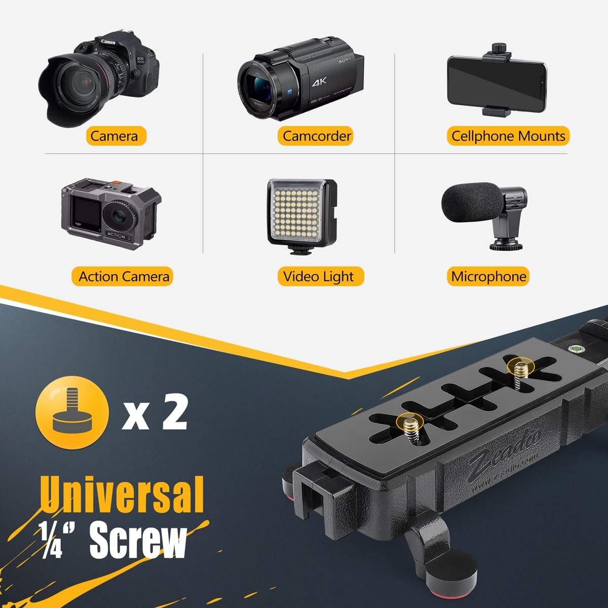 Zeadio video action stabilizing handle grip with cold-shoe mount for handheld camera stabilization and accessory attachment.