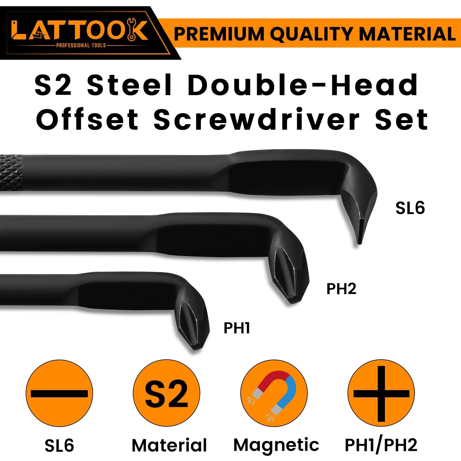 LATTOOK 5-piece right angle offset screwdriver set with 90-degree Z-type and L-type designs, featuring ergonomic handles and durable tips.
