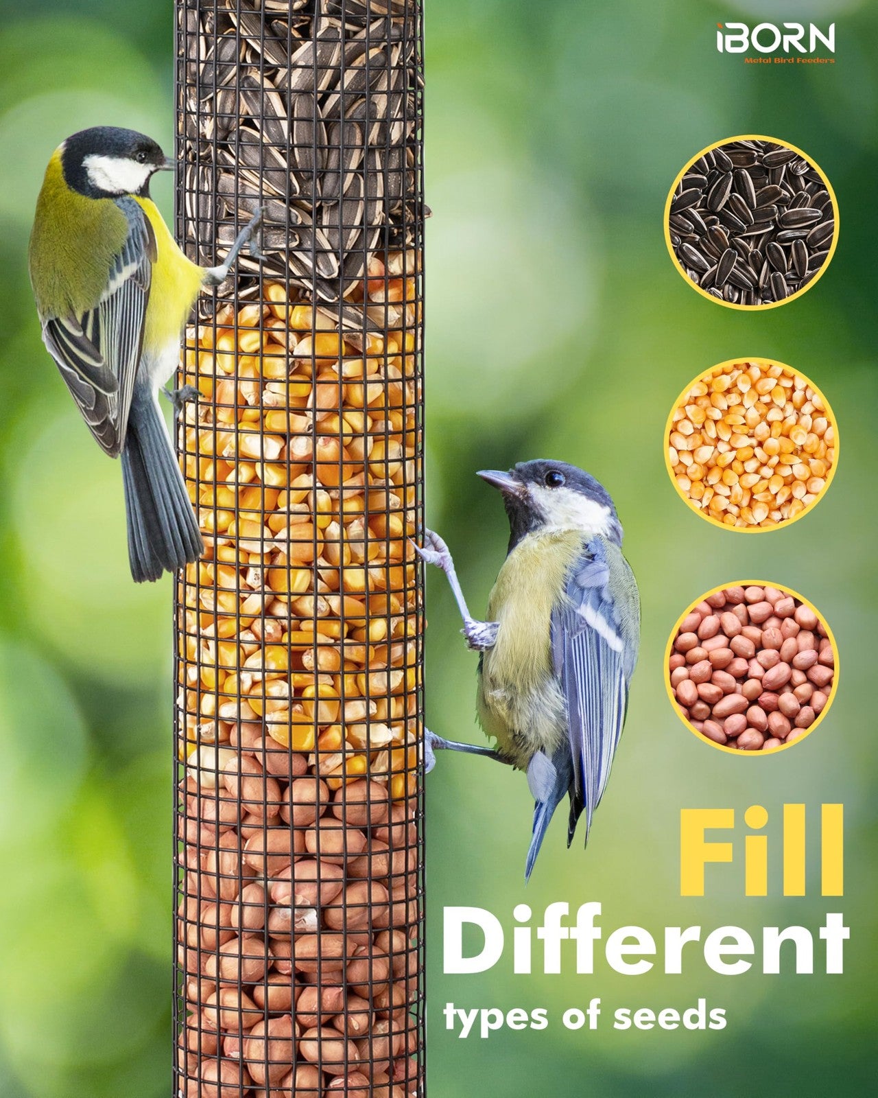iBorn 14-inch metal mesh bird feeder with peanut and sunflower seed design, suitable for outdoor bird feeding.