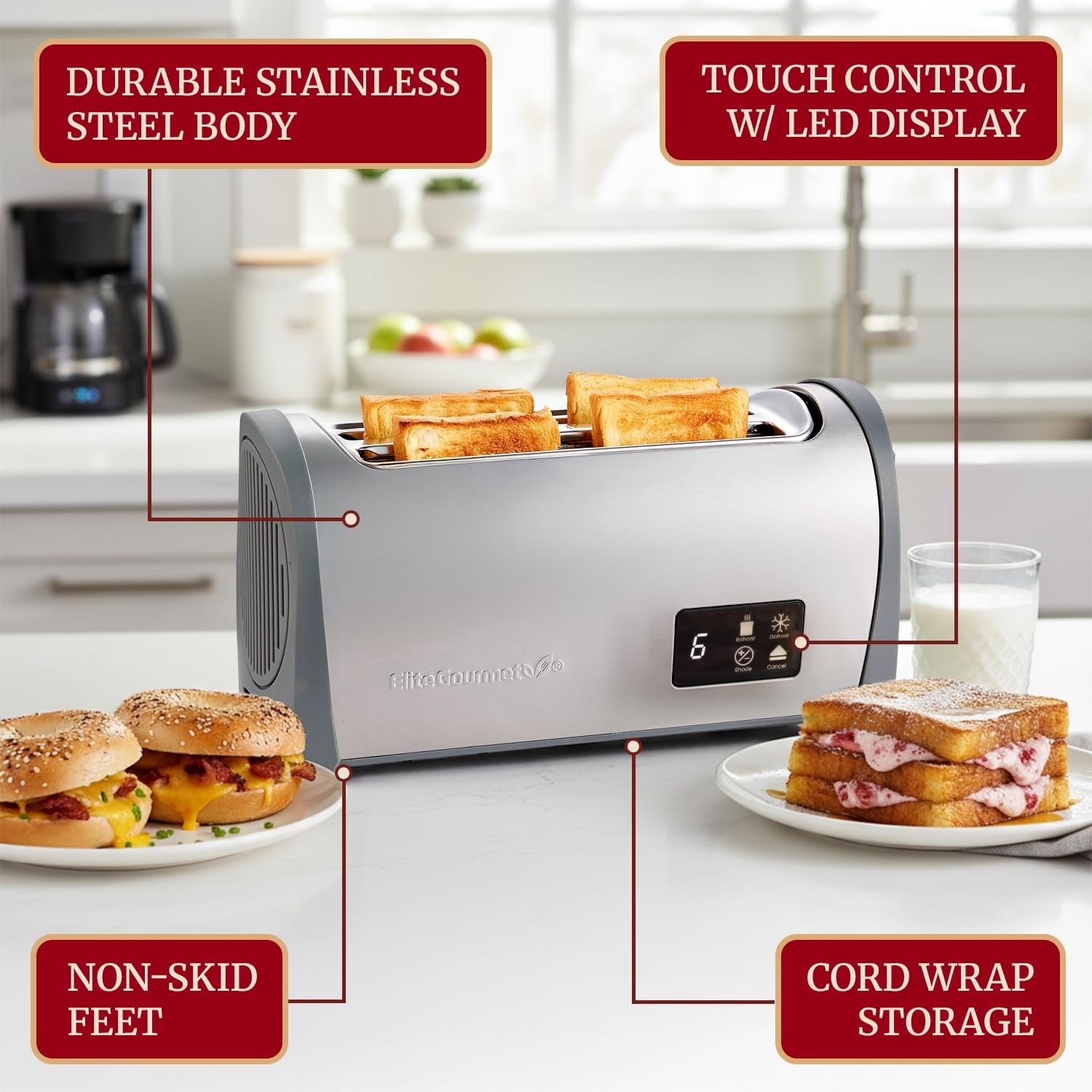 Elite Gourmet digital long slot 4-slice toaster with touch screen LED display, showing stainless steel finish and control buttons.