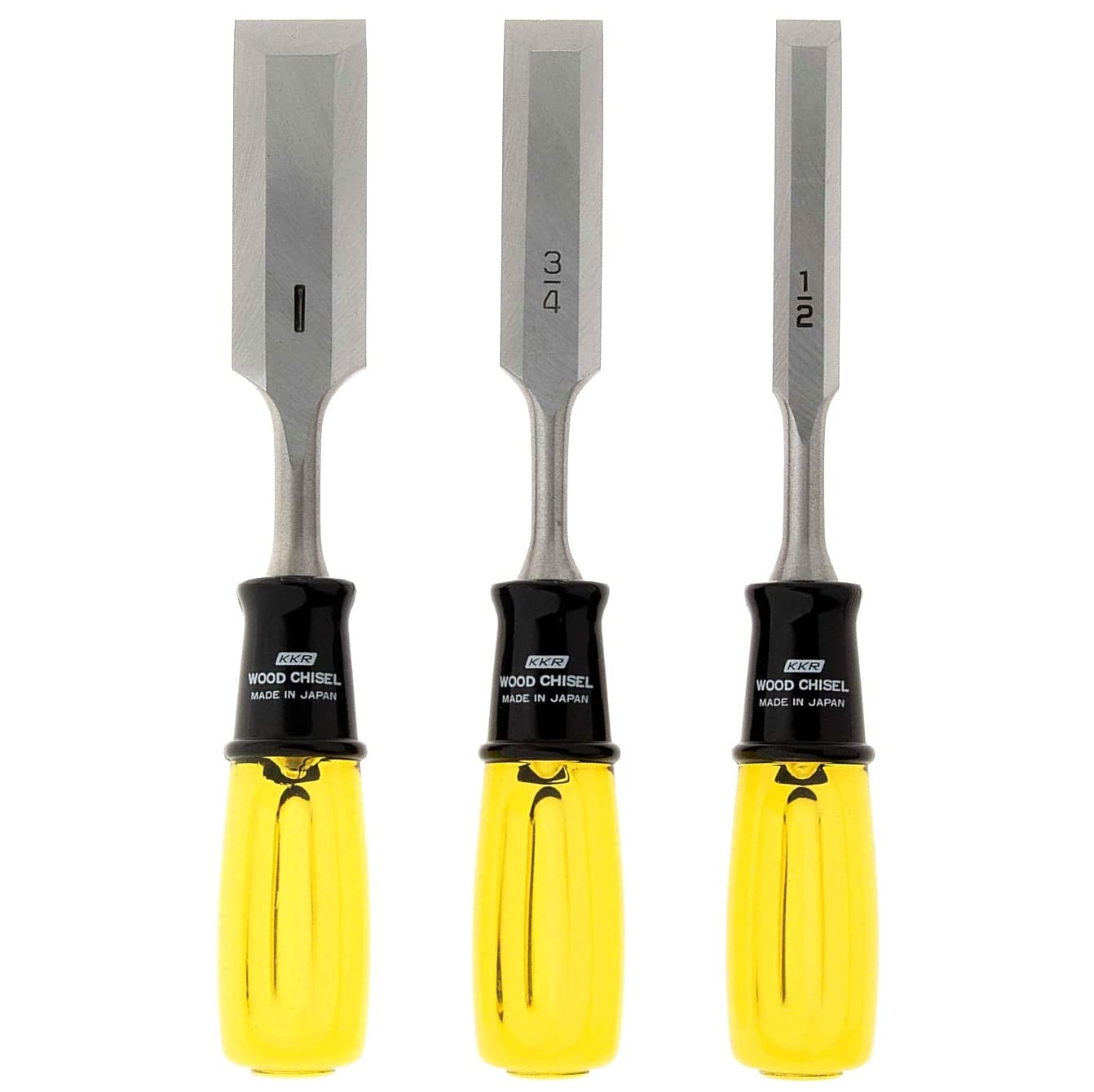 KAKURI heavy-duty wood chisel set with three sizes (1/2", 3/4", 1") for woodworking, featuring wooden handles and sharp steel blades.
