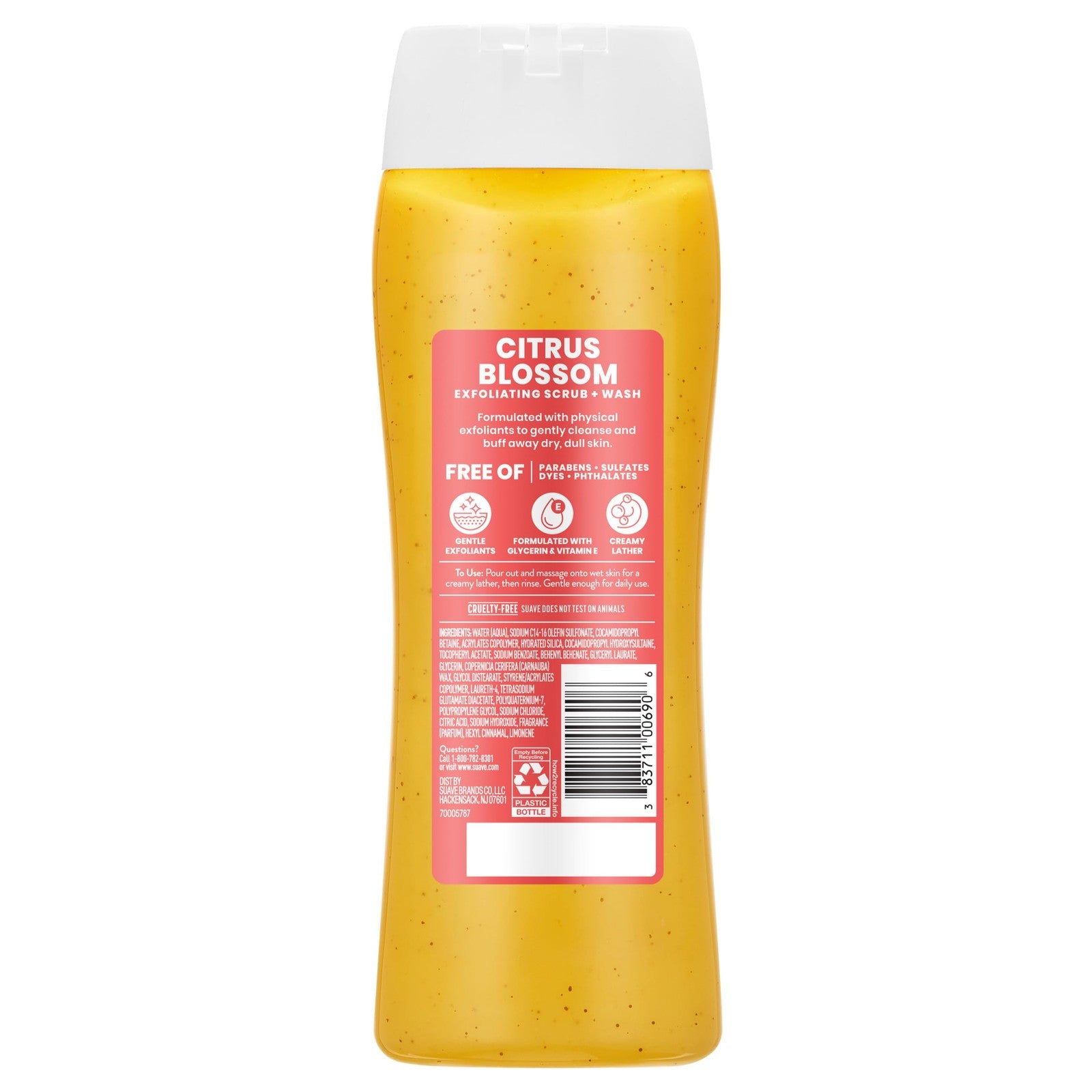 Suave Citrus Blossom exfoliating body wash and scrub with glycerin and vitamin E, featuring a colorful bottle with citrus fruits.