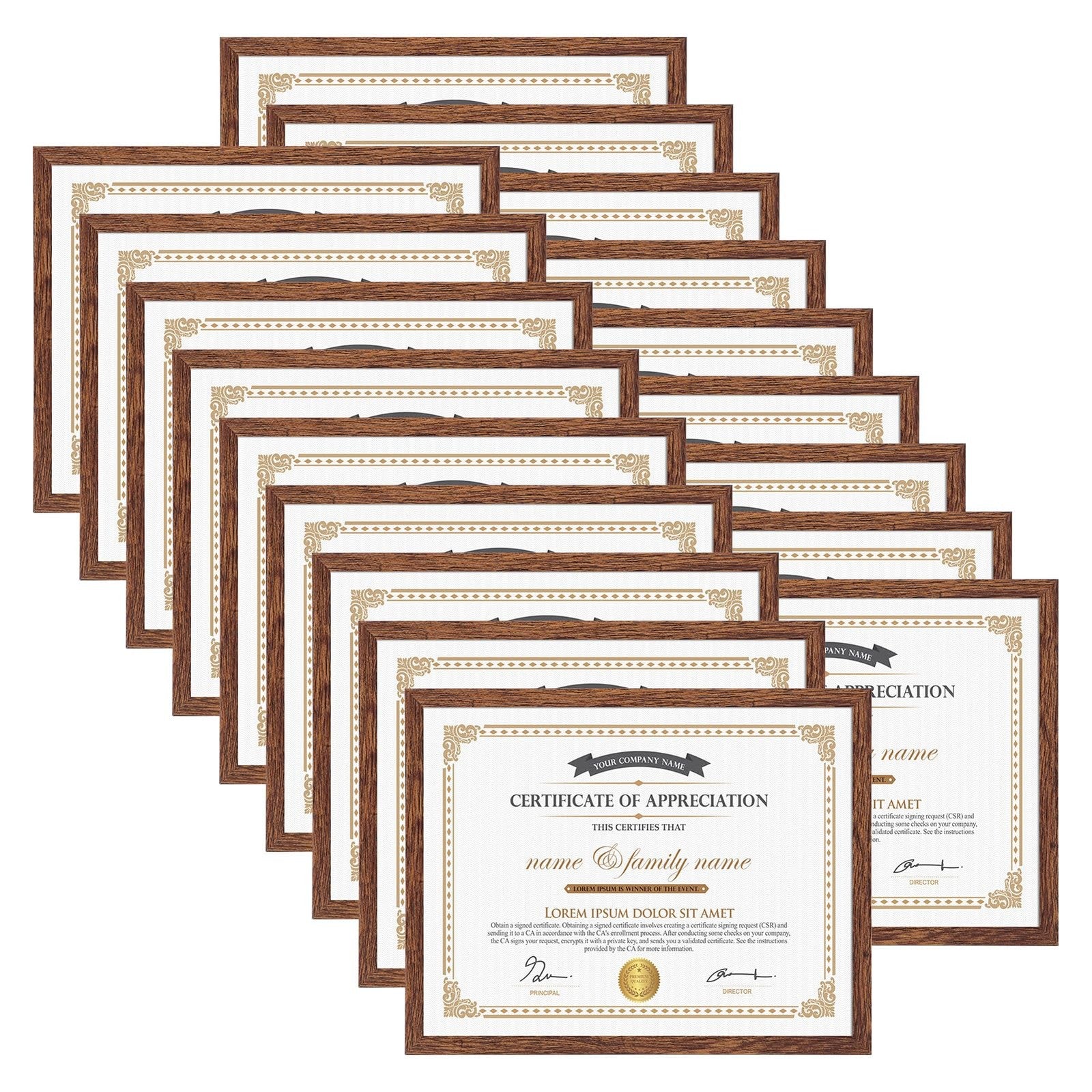Hoikwo 18-pack set of dark brown plastic picture frames, 8.5x11 inches, with protective plastic covers, for displaying photographs or artwork.